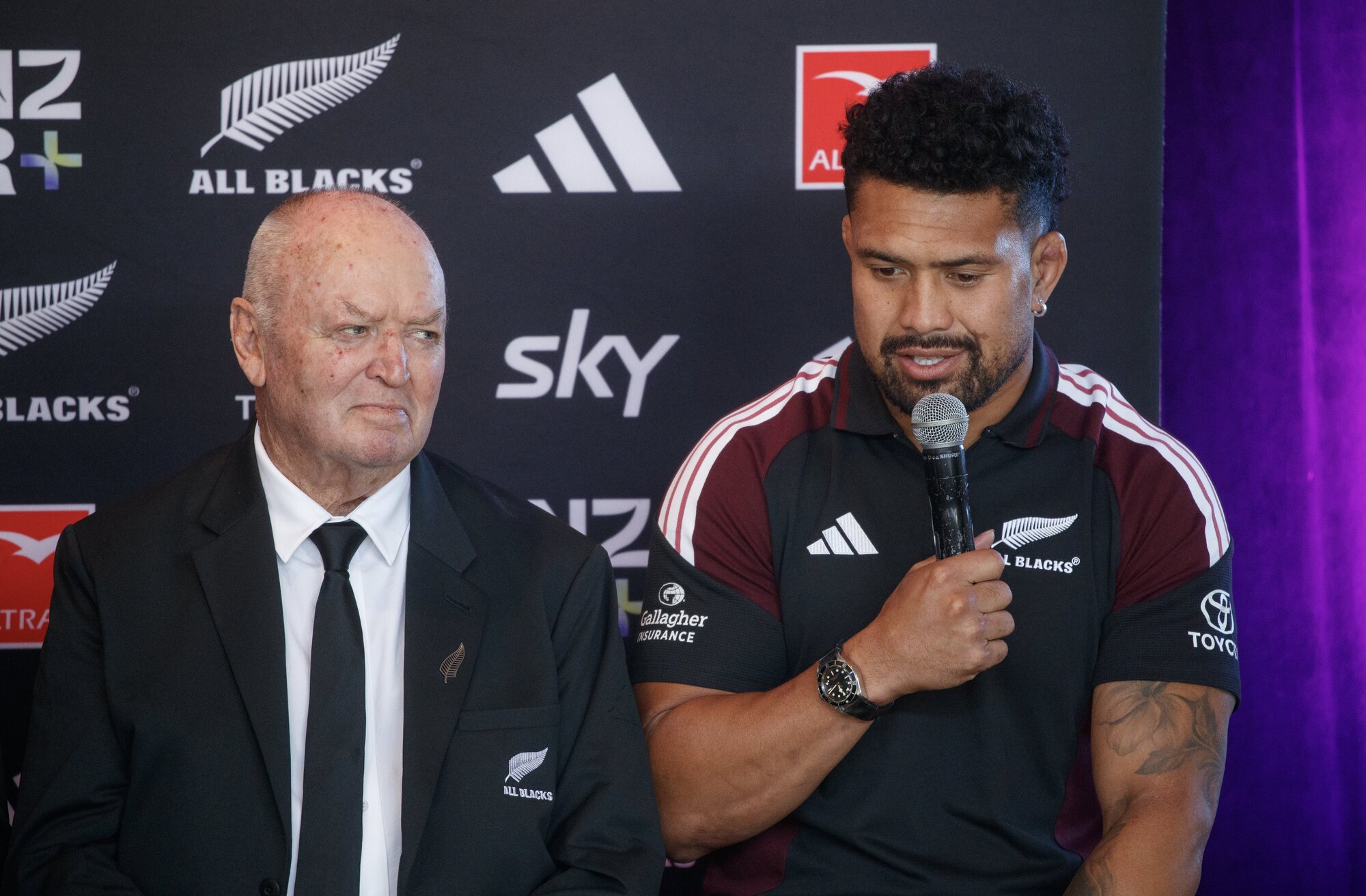 All Blacks selector Graham Henry and captian Ardie Savea during the team naming at the Fielding Yellows Rugby Club. Photo / Mark Mitchell