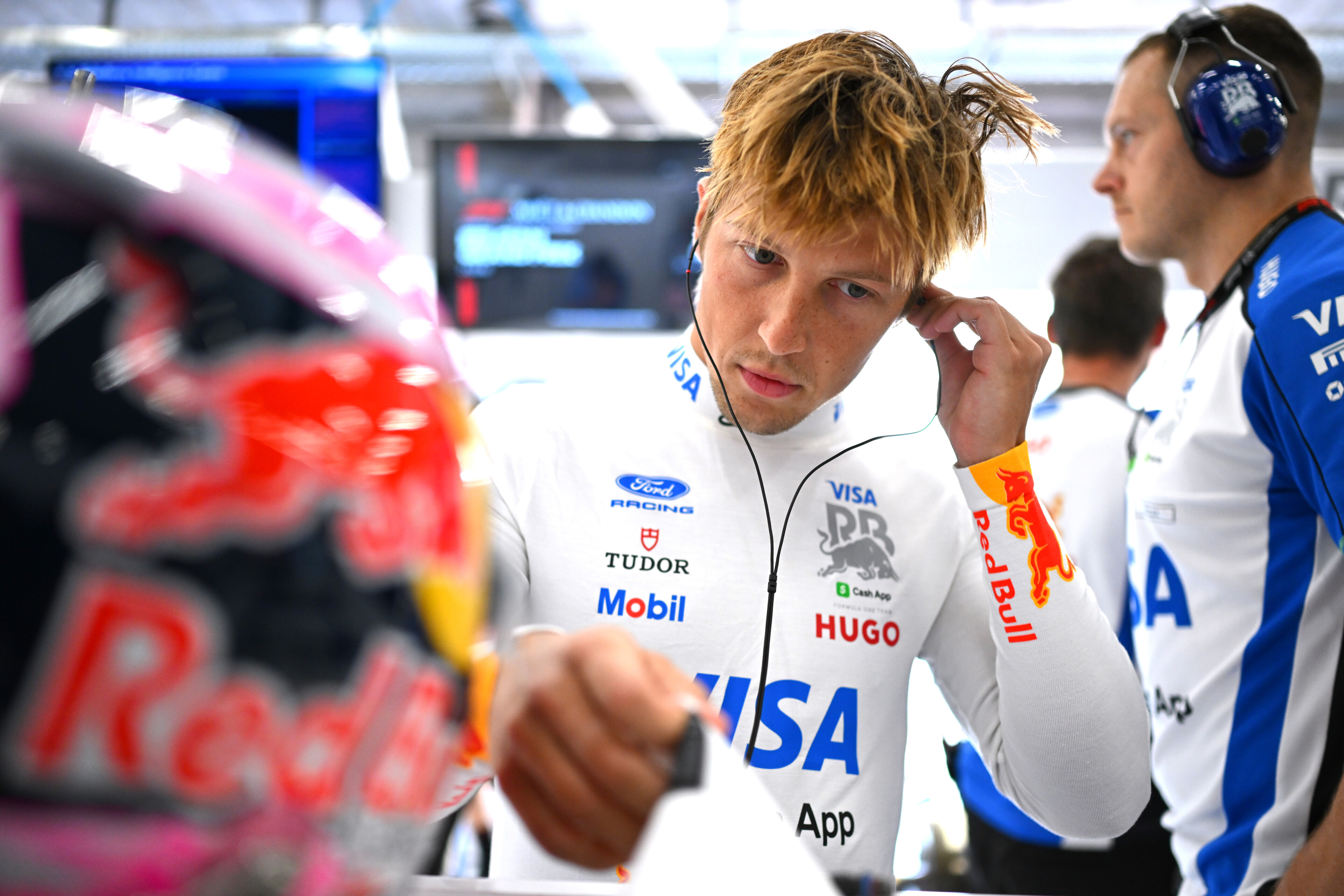 Liam Lawson in the Racing Bulls garage during the Belgian Grand Prix. Photo / Red Bull