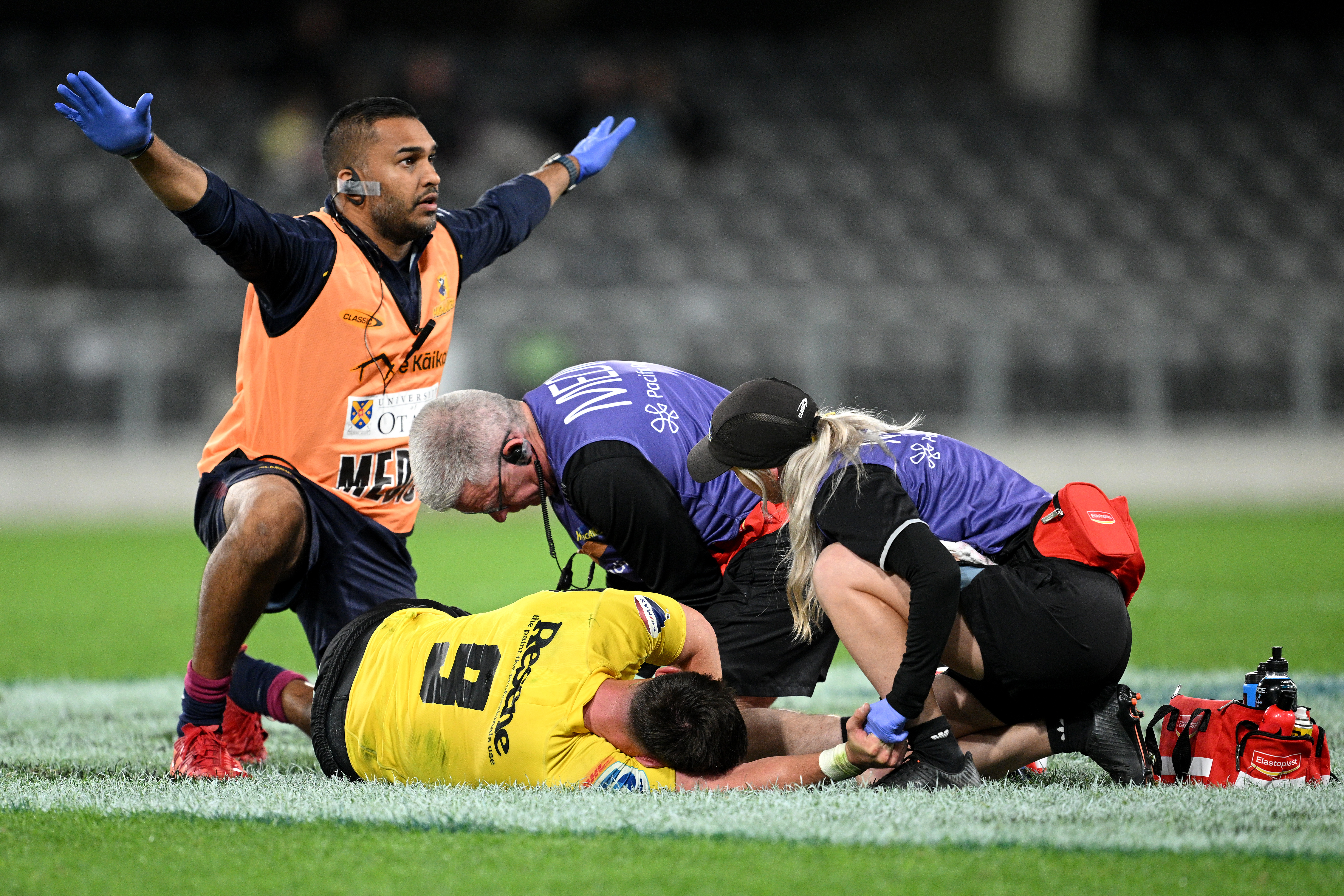 Cam Roigard receives medical attention after being injured. Photo / Getty Images
