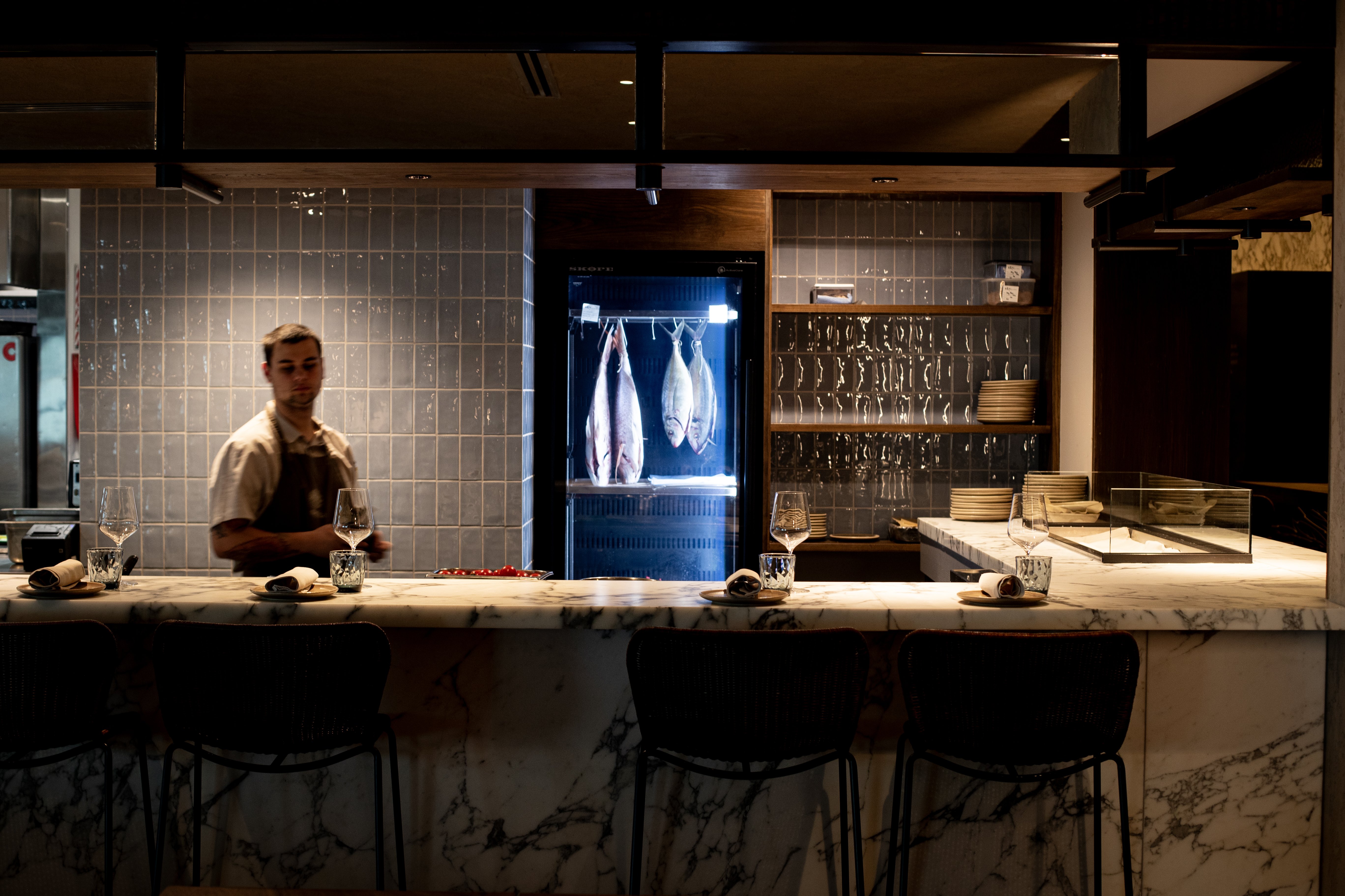 Kitchen counter seating at Metita restaurant, SkyCity Auckland. Photo / Dean Purcell