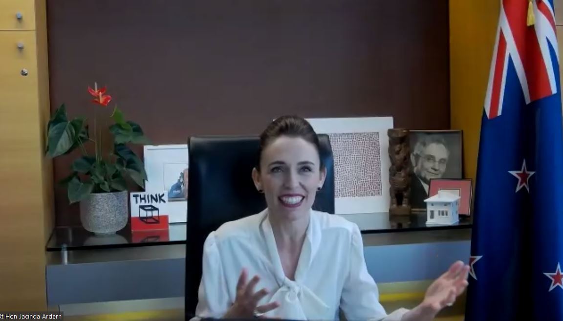 Prime Minister Jacinda Ardern joining the zoom conference for accepting the Gleitsman International Activist Award from her Beehive office. Photo / Screenshot