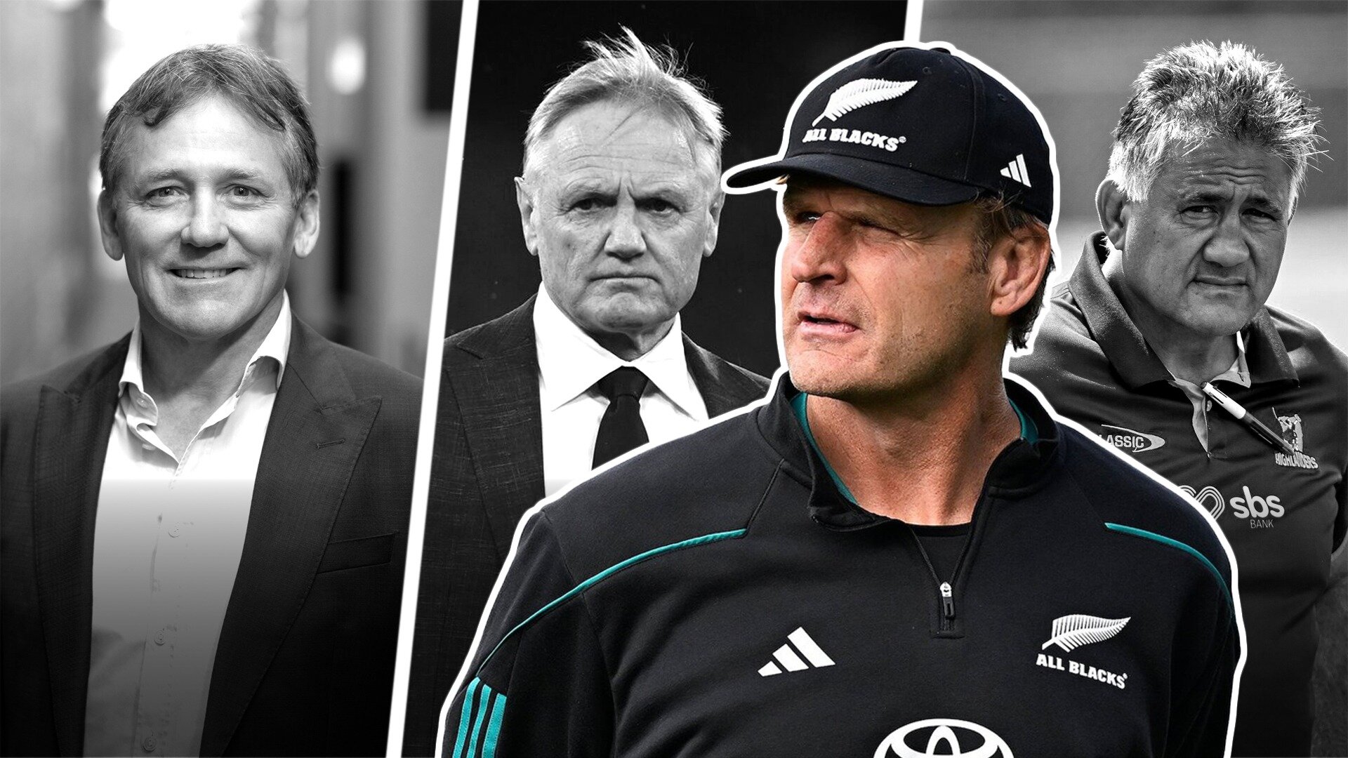 From left: David Kirk, Joe Schmidt, Scott Robertson and Jamie Joseph. Photos / SmartFrame; Photosport