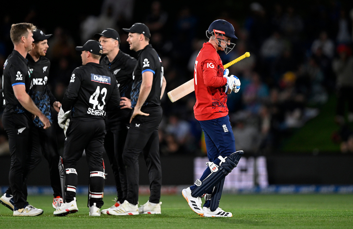 The Black Caps celebrate the wicket of England captain Harry Brook. Photo / Photosport