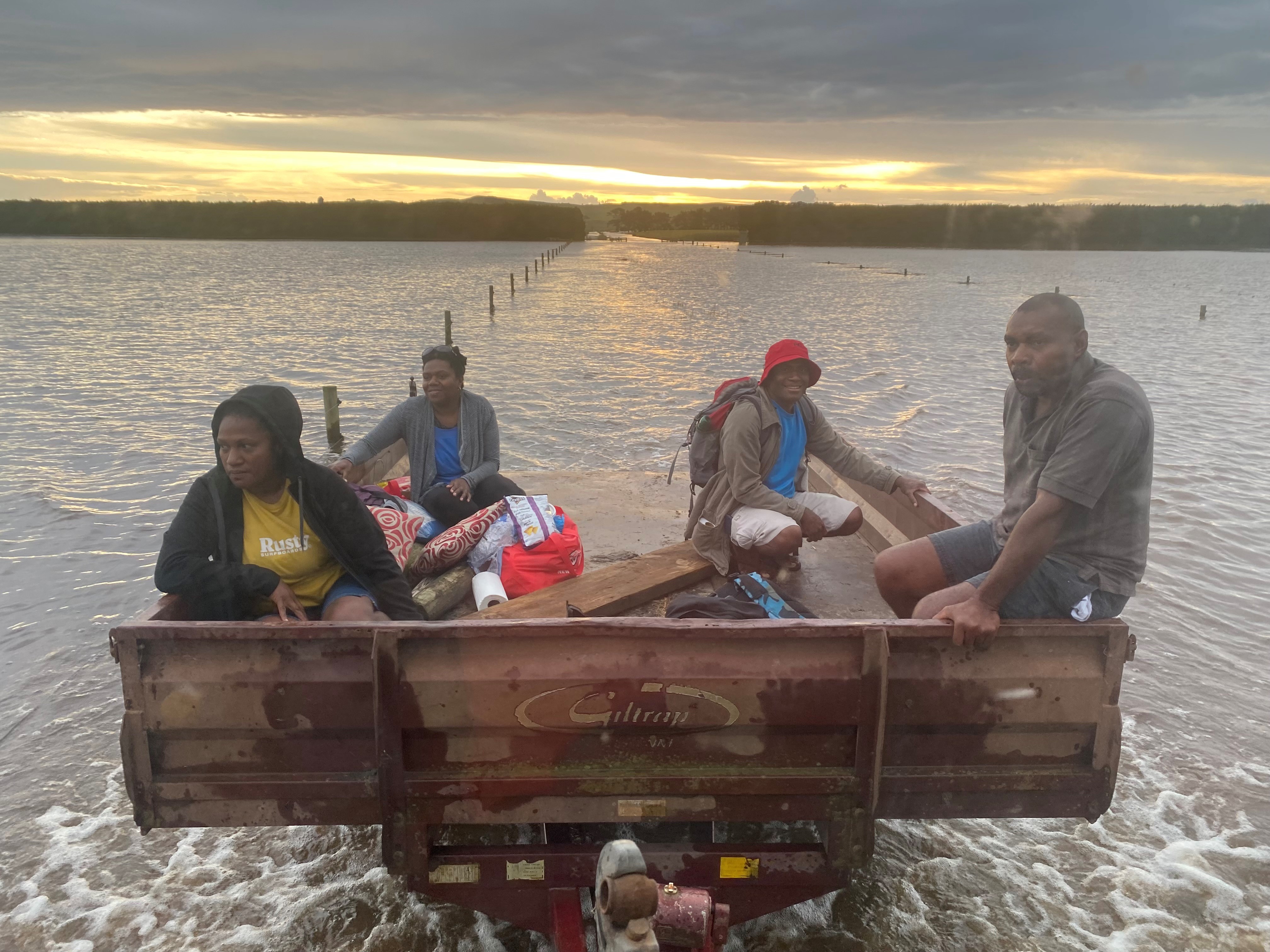 Dargaville kūmara grower Doug Nilsson picks up his RSE workers after their accommodation block flooded. The water completely covers his kūmara farm.