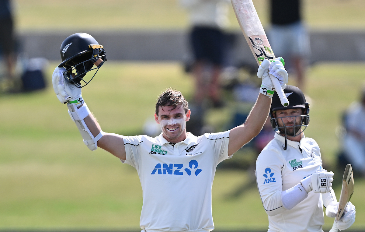 Tom Latham celebrates his 15th test century, scored against the West Indies at Bay Oval. Photo / Photosport