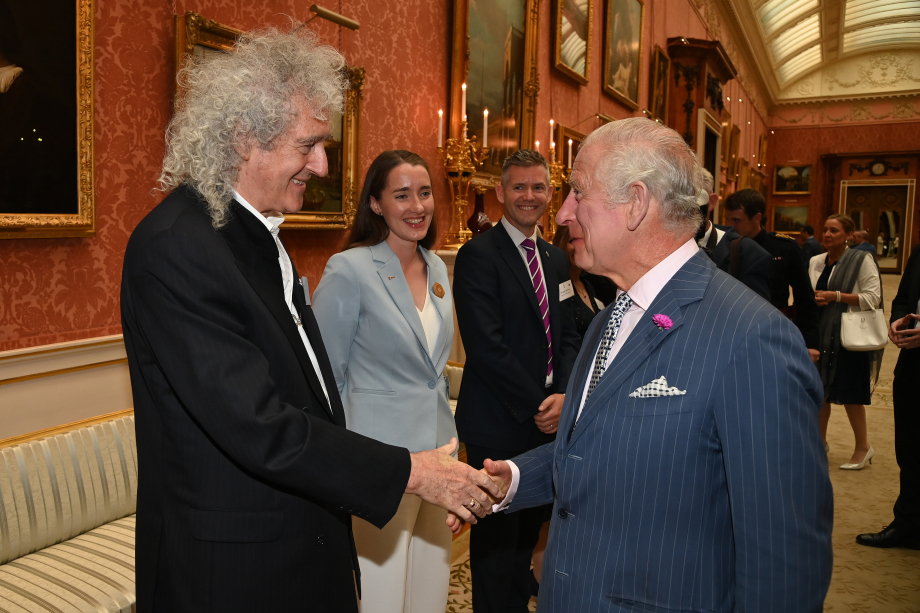 Queen guitarist turned astrophysicist Sir Brian May meets King Charles at the Buckingham Palace launch. 