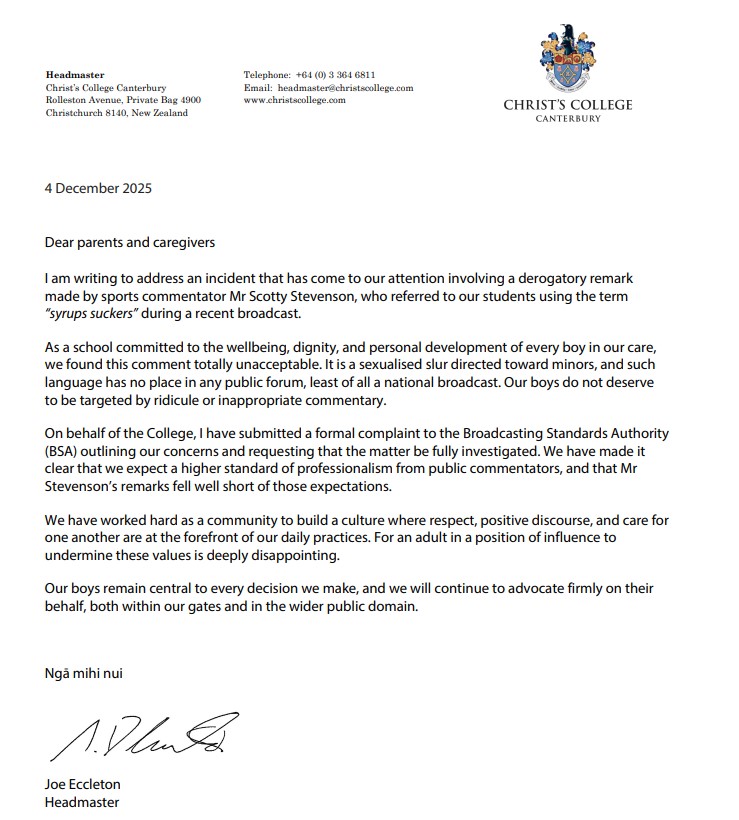 Christ's College headmaster Joe Eccleton's letter to parents.