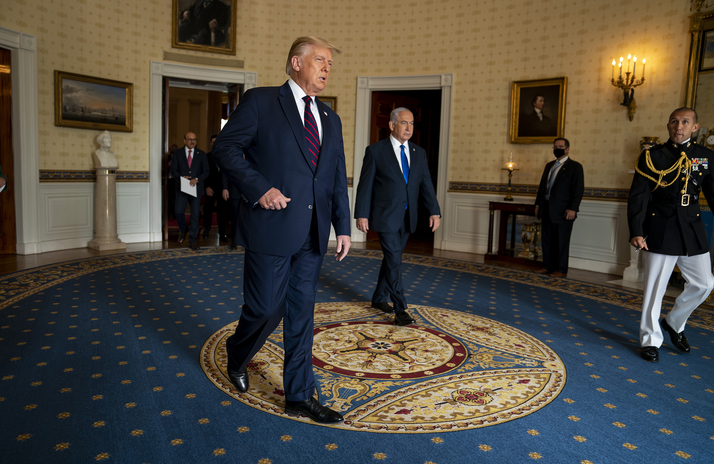 Prime Minister Benjamin Netanyahu of Israel, middle, has been working to repair his relationship with Trump in recent months. Photo / Doug Mills, The New York Times