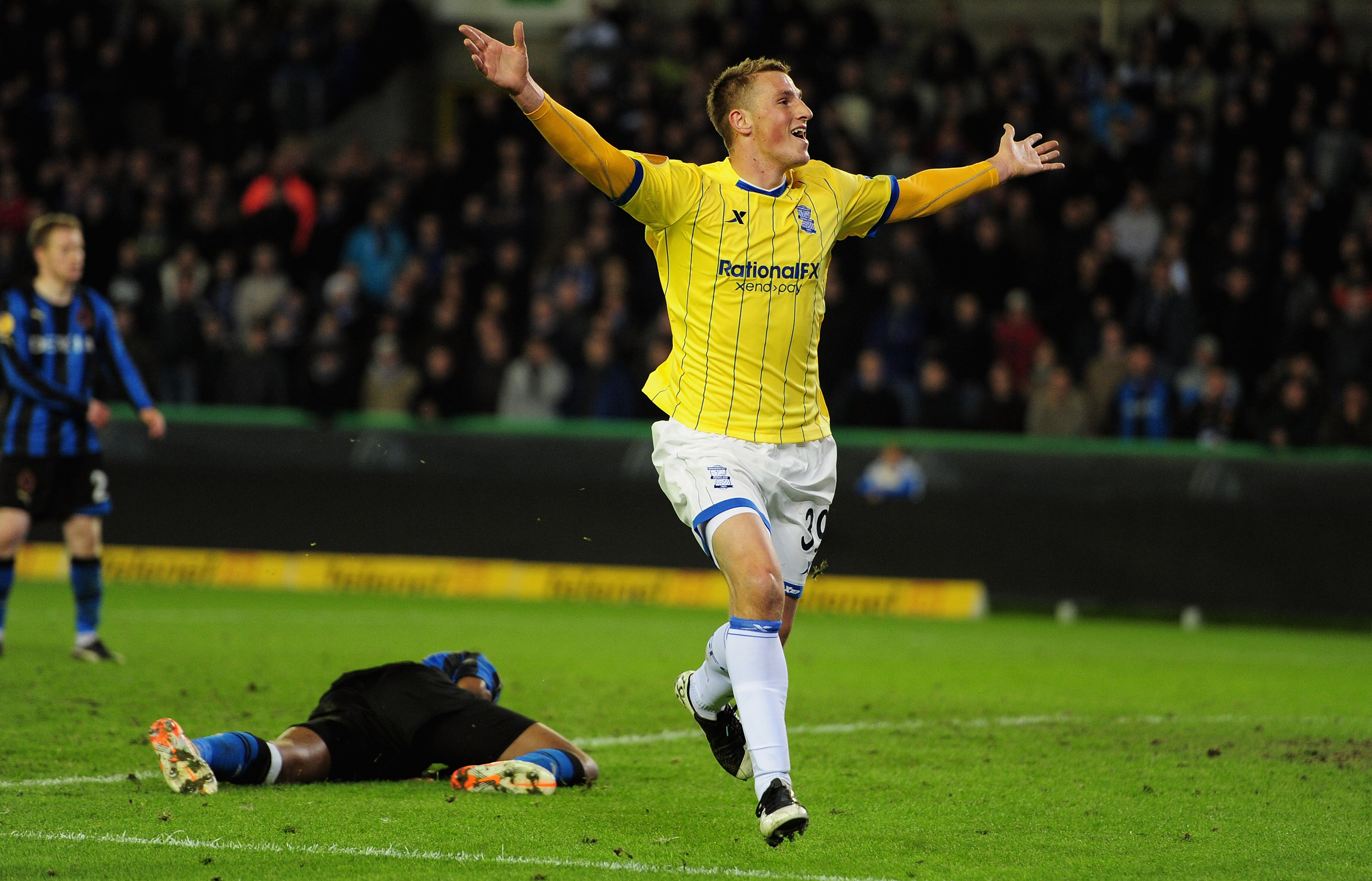 Chris Wood of Birmingham City celebrates his 99th minute winner against Club Brugge. Photo / Getty