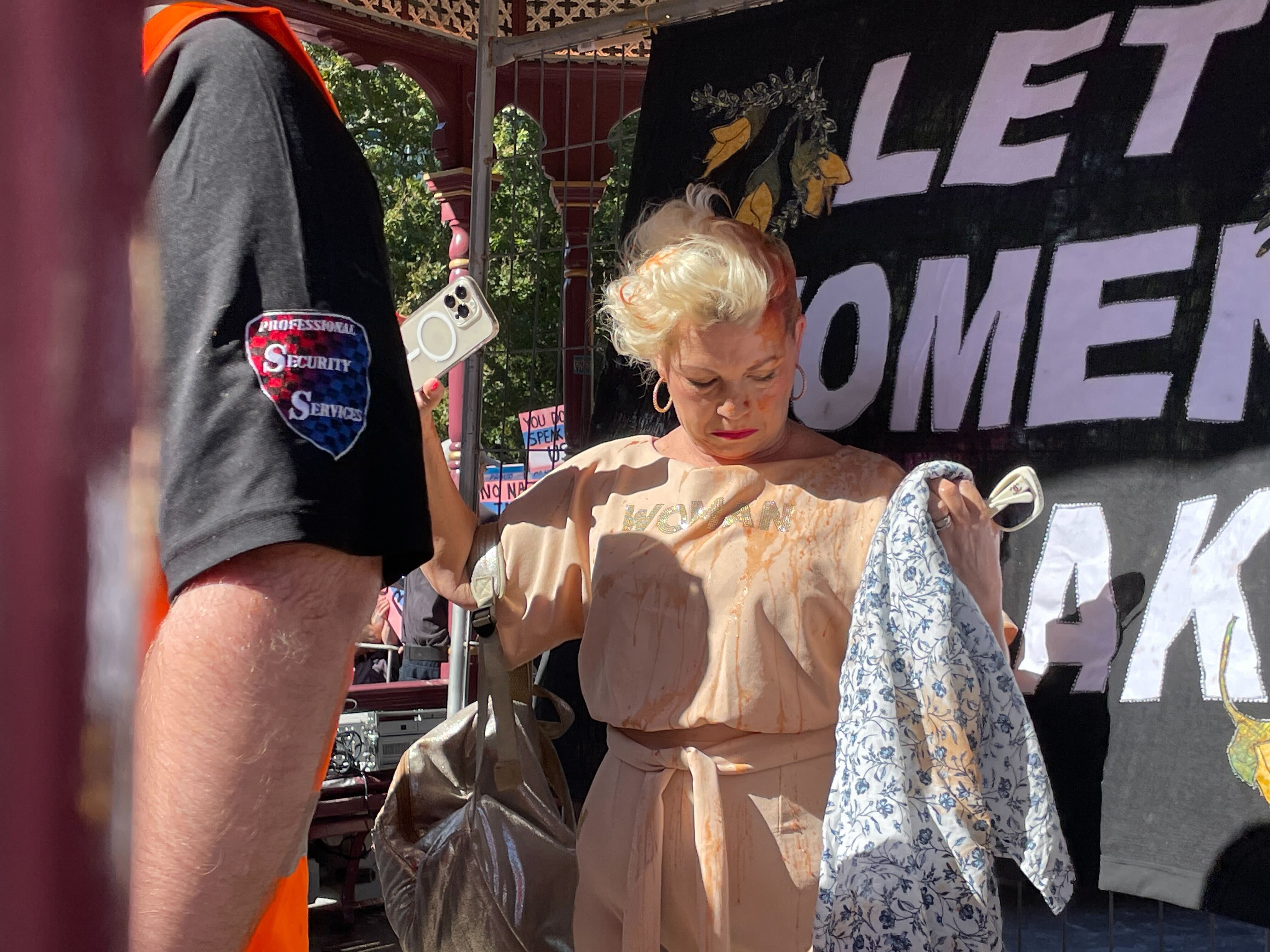 Kellie-Jay Keen-Minshull, aka Posie Parker, after being hit with tomato soup by a protester. Photo / Jed Bradley