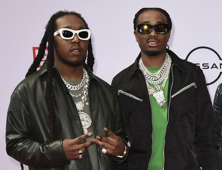 Takeoff, left, and Quavo of Migos, arrive at the BET Awards in Los Angeles on June 27, 2021. Photo / AP