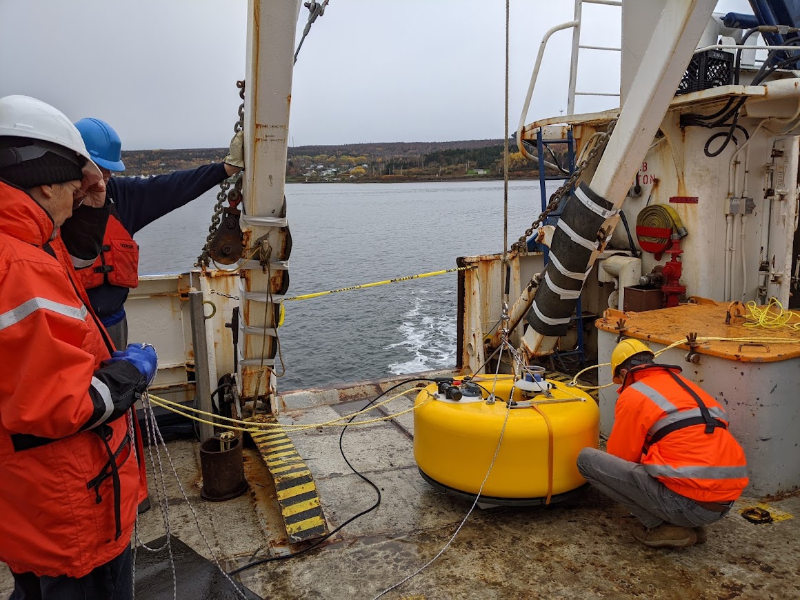 Earthquake-detecting ocean bottom sensors like these - pictured being deployed offshore in Nova Scotia in Canada - are about to be dropped off the coast of Wairarapa in a new international expedition. Photo / Graeme Cairns
