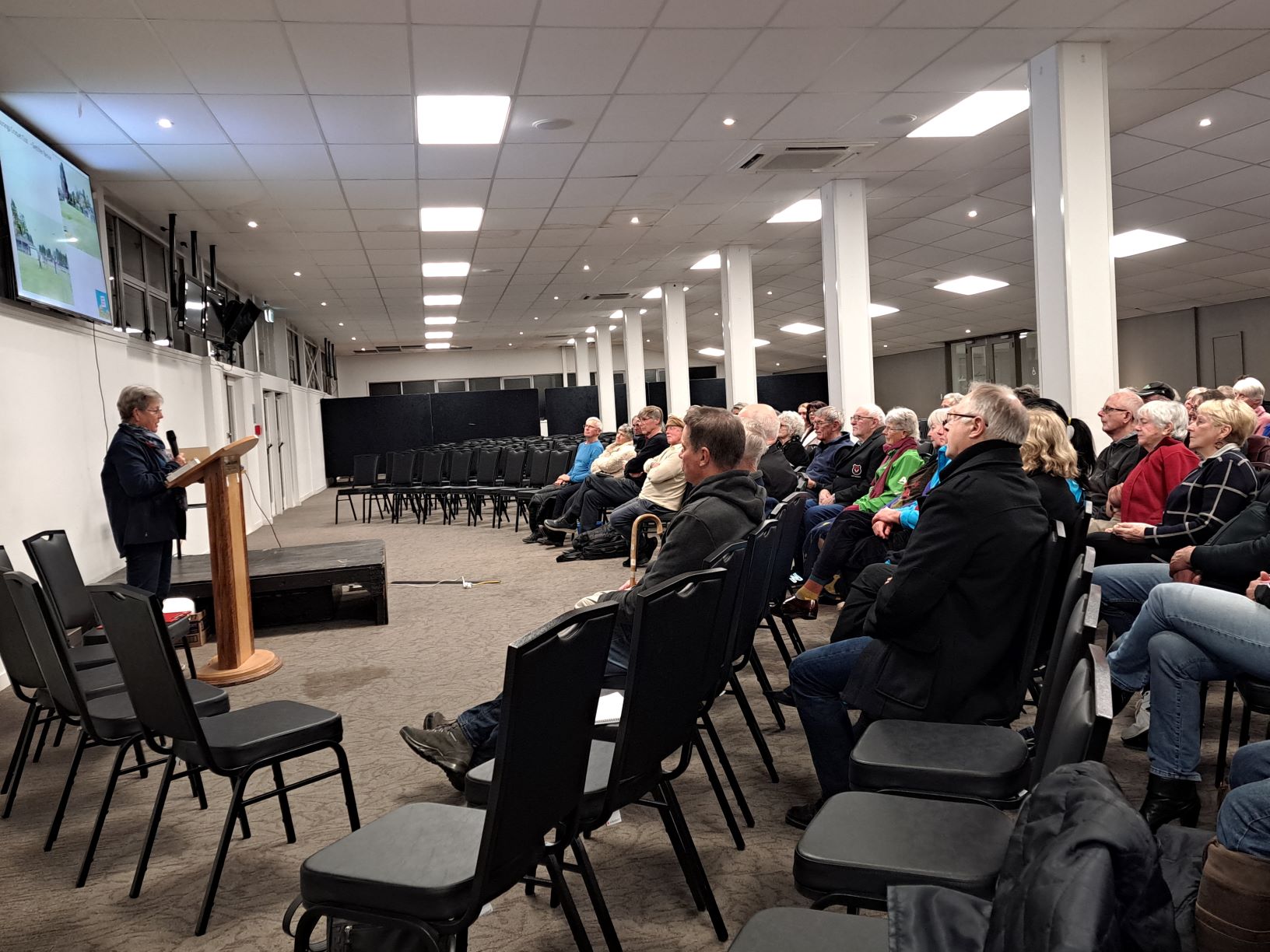 Tauranga Croquet Club president Gretchen Benvie speaking at a Hands Off Tauranga Domain alliance protest meeting at the Tauranga Racecourse on August 1. Photo / Sandra Conchie