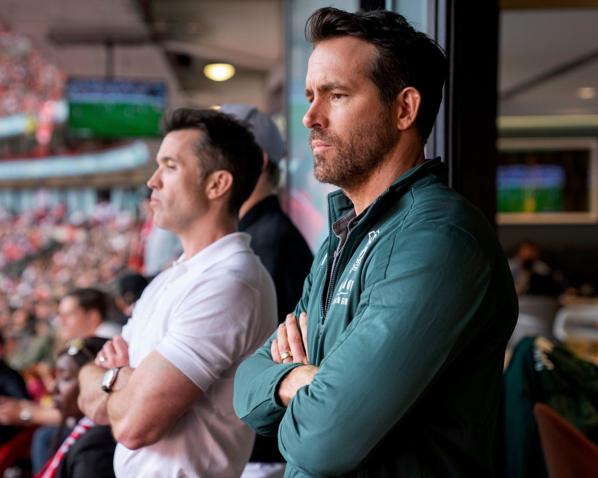 Rob McElhenney, left, and Ryan Reynolds in doco-series Welcome to Wrexham, streaming on Disney+.