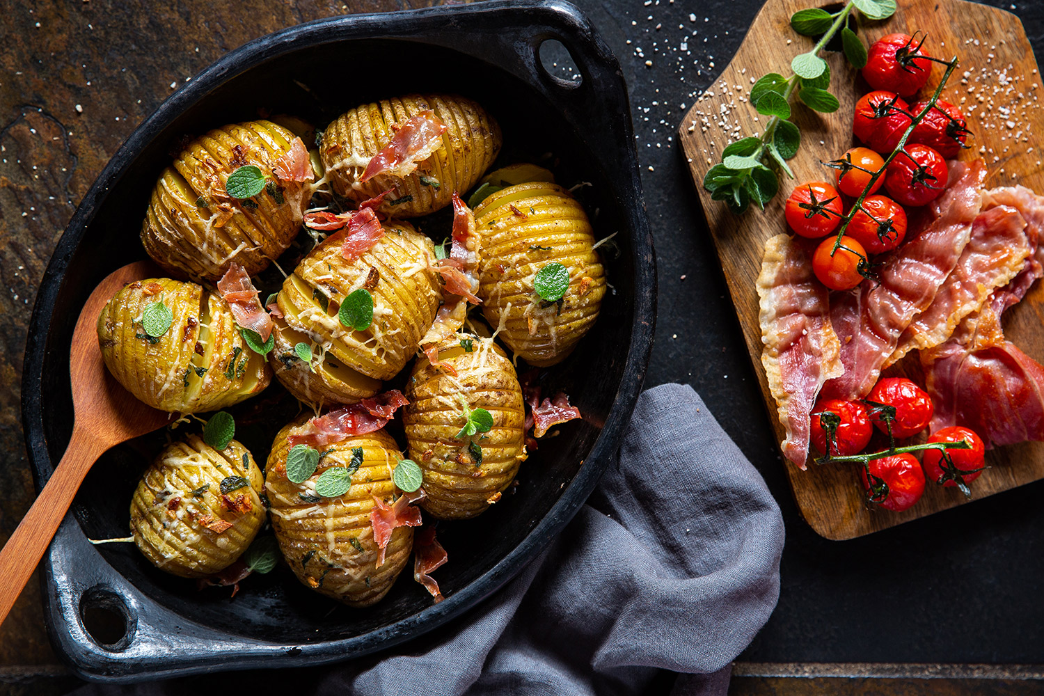 Crispy prosciutto hasselback potatoes. Photo / Babiche Martens