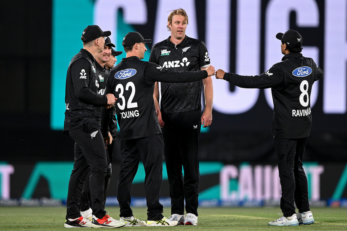 The Black Caps celebrate a Kyle Jamieson wicket against the West Indies in Christchurch. Photo / Photosport
