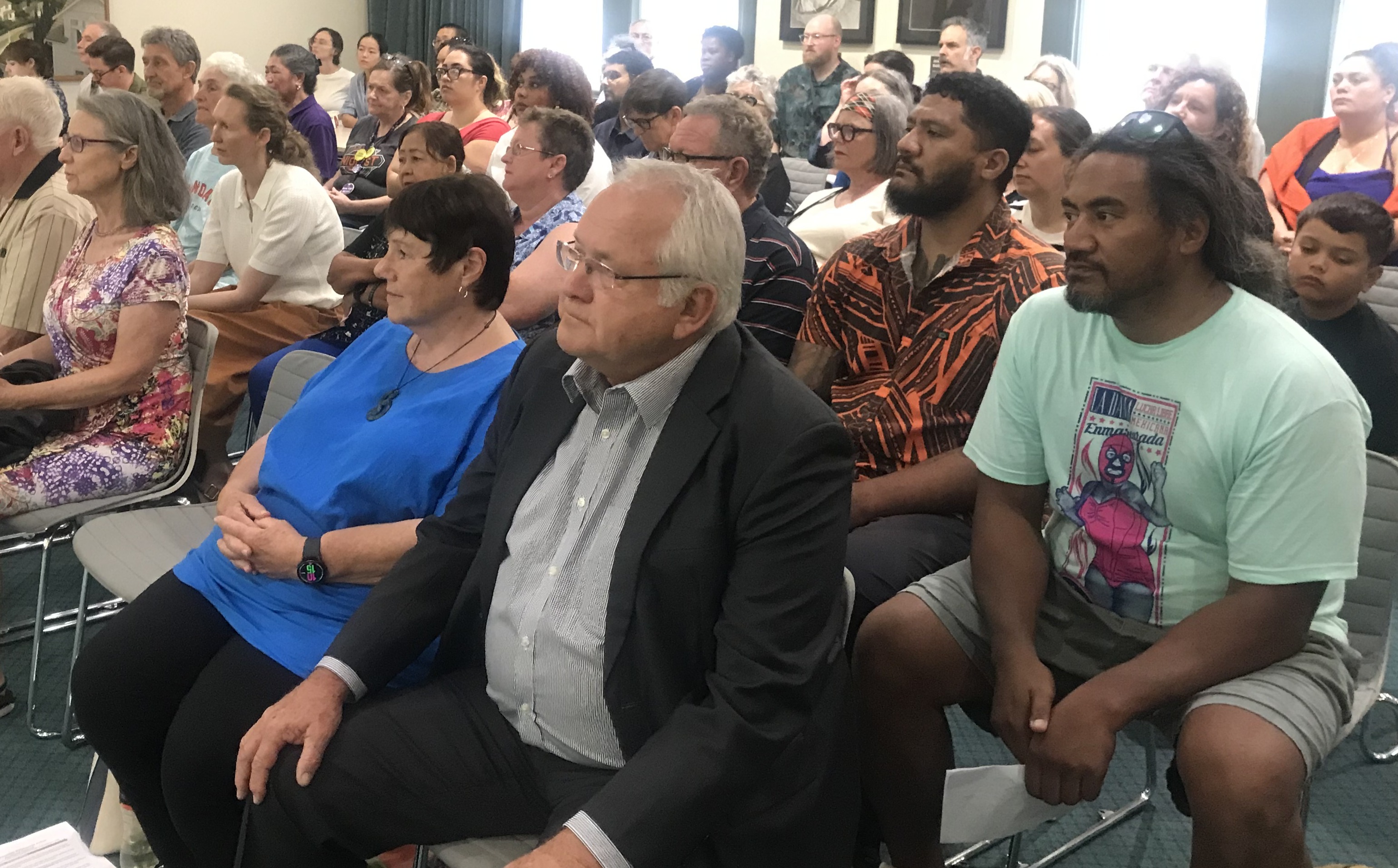 Whau Local Board members at the Auckland Council meeting this week: Catherine Farmer (far left), Kay Thomas, Ross Clow (front) and Fasitua Amosa (right). Photo / Simon Wilson