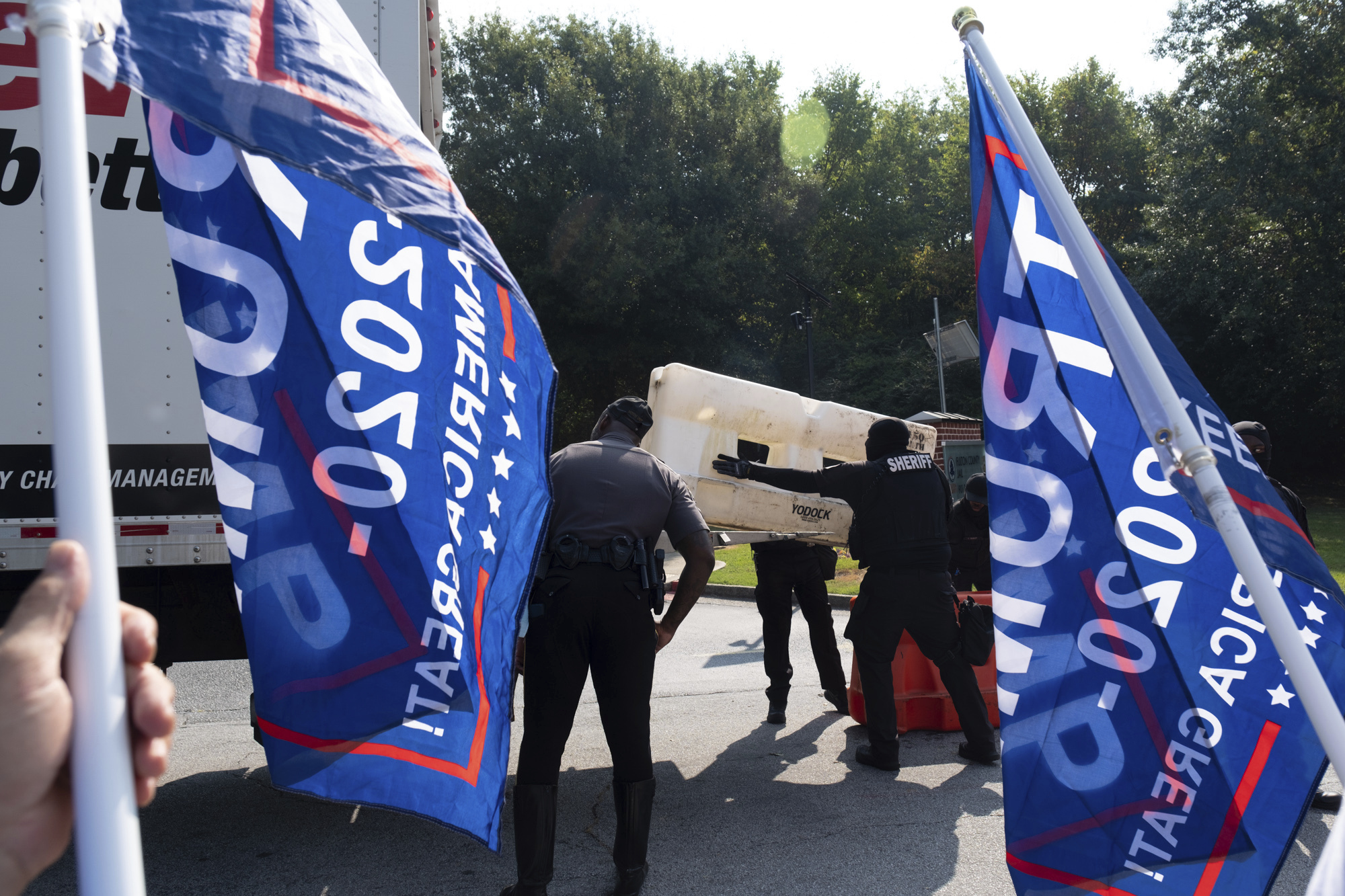 Officials set up barriers in front of the Fulton County jail as supporters of former President Donald Trump gather, Photo / Ben Gray, AP