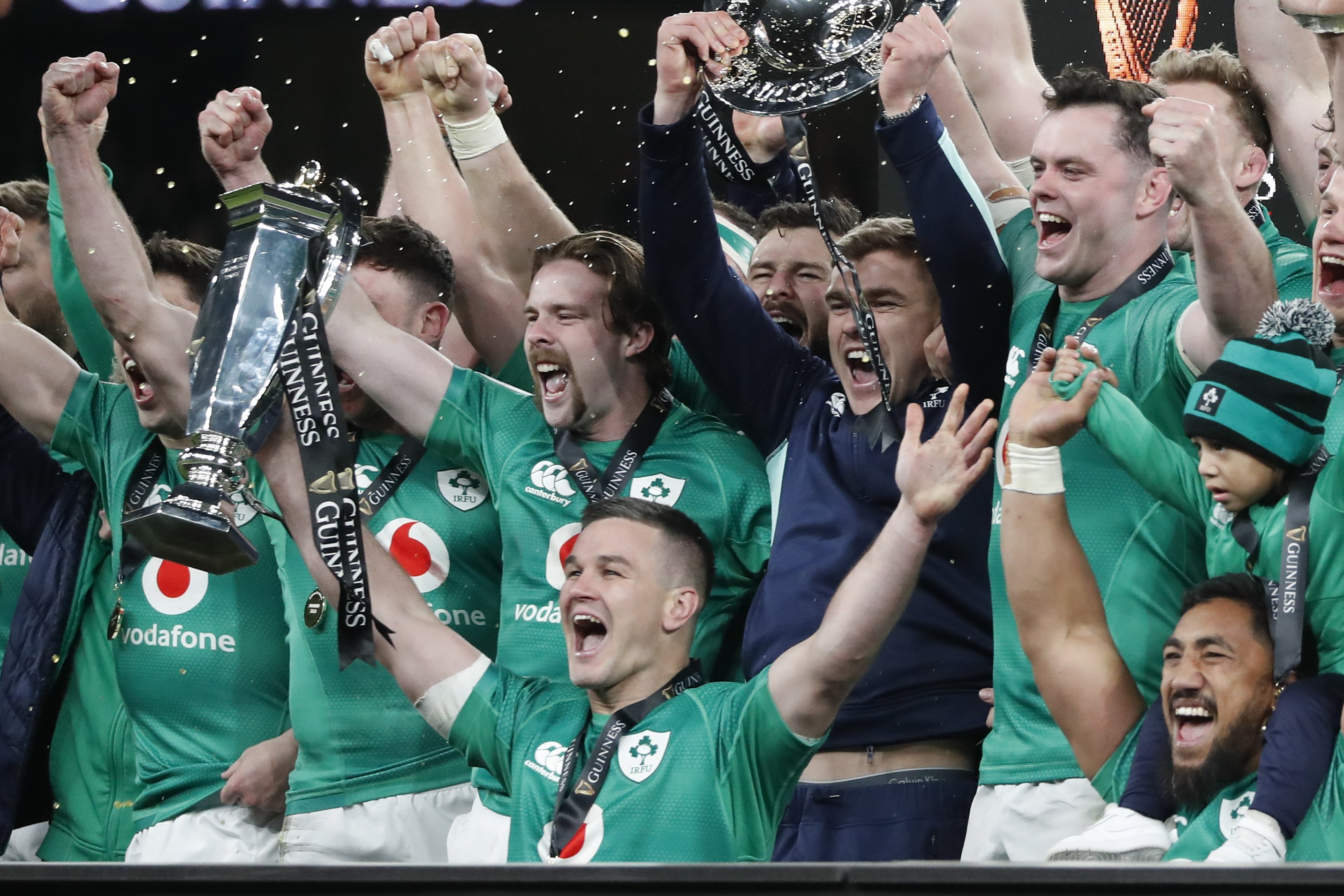 Ireland celebrate winning the 2023 Six Nations title. Photo / AP