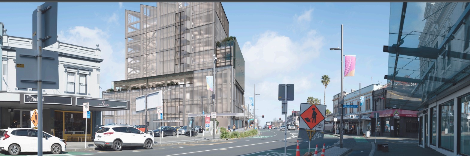Heading towards the Ponsonby Rd intersection, along Karangahape Rd (left), showing plans for the new building (left) by James Kirkpatrick Group. Image / resource consent application