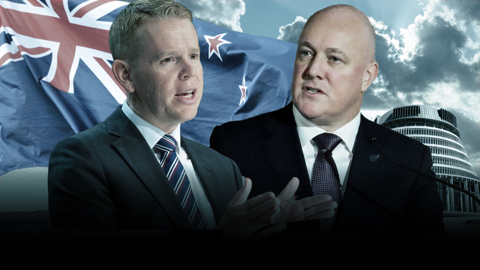 Prime Minister Chris Hipkins and National leader Christopher Luxon. Luxon appears more likely to become the next PM as shown in the Poll of Polls.