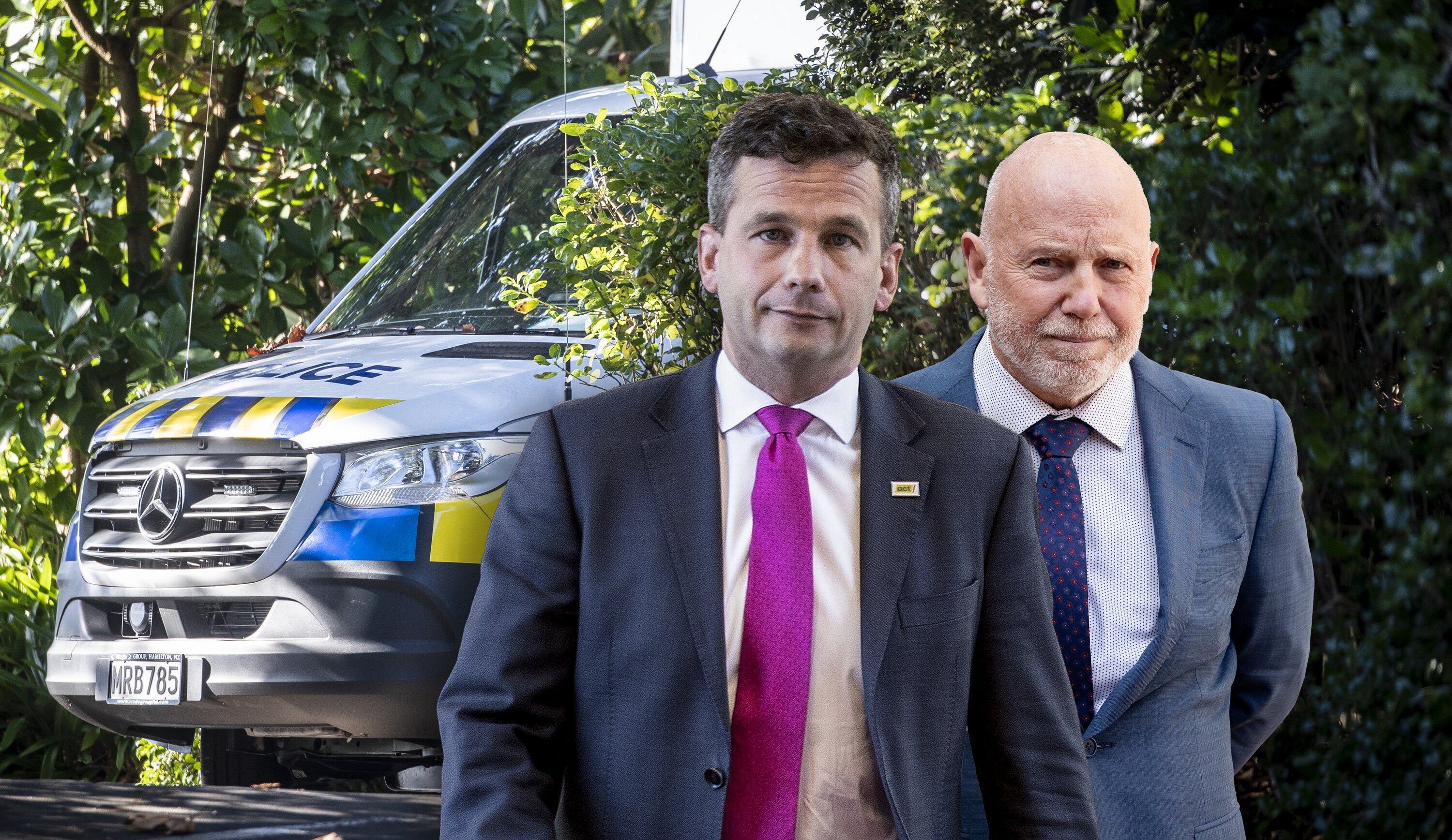 Police investigating the circumstances around Pauline Hanna's death at her Remuera home in April 2021 with insets of David Seymour (left) and Philip Polkinghorne (right).
 Composite photo / NZME