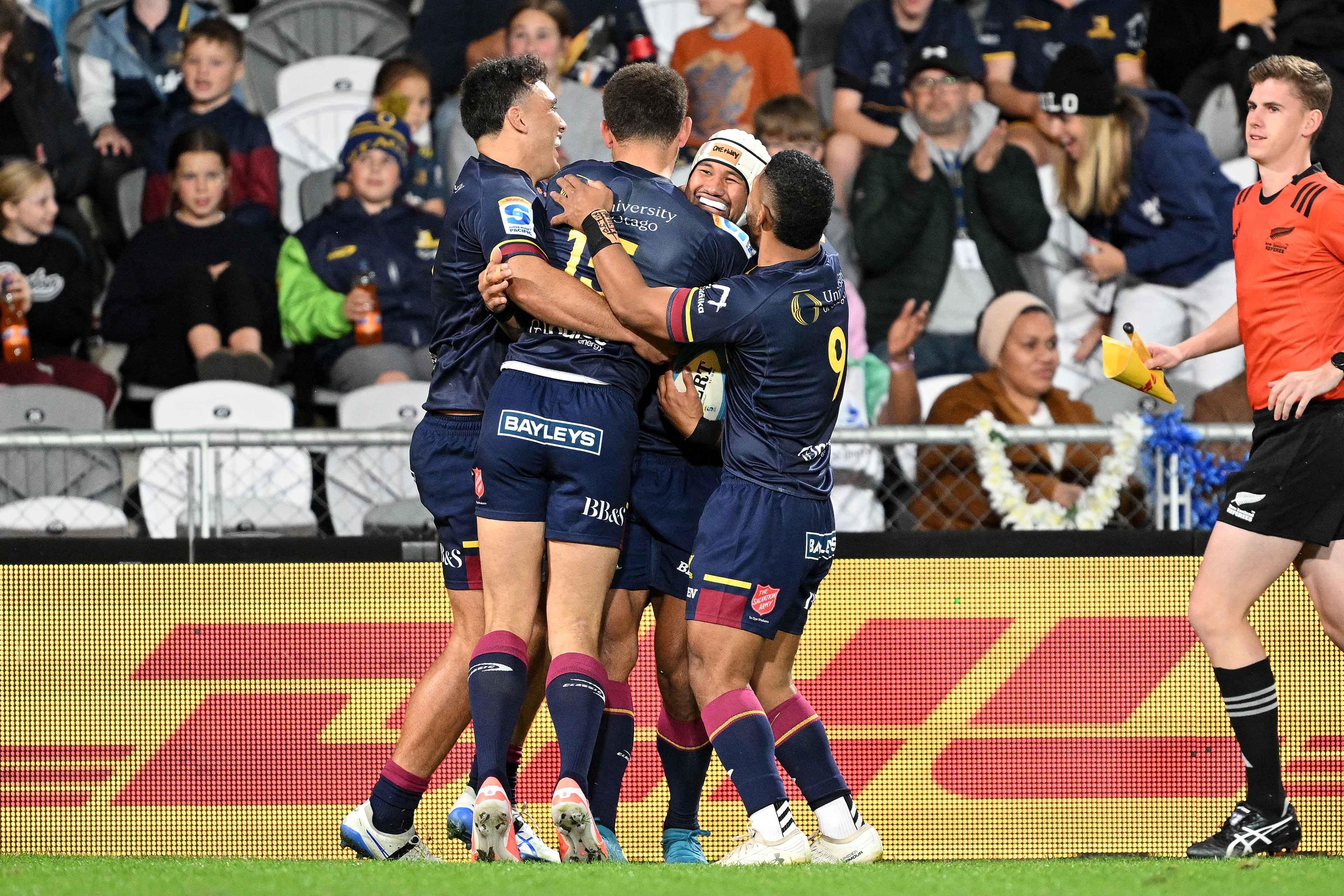 Taniela Filimone celebrates scoring a try in his Super Rugby Pacific debut. Photo / Getty