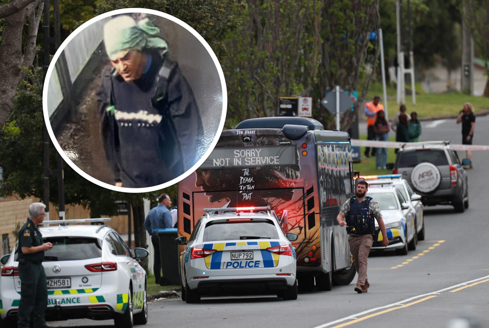 Police released an image of Kael Leona after a fatal stabbing on a bus in Onehunga. He was last seen in the area wearing a dark jumper with shoes, he had a green t-shirt on his head and was carrying a black pack. The public were advised not to approach the man. Photo Composite: NZME/NZ Police