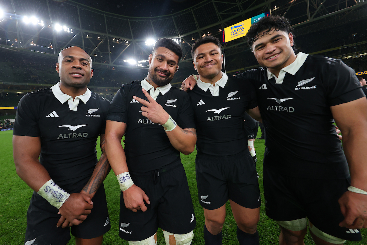 The influence of Ardie Savea (second from left) within the All Blacks cannot be understated. Here the flanker is pictured with Mark Tele'a (left), Caleb Clarke (second from right) and Wallace Sititi. Photo / Photosport