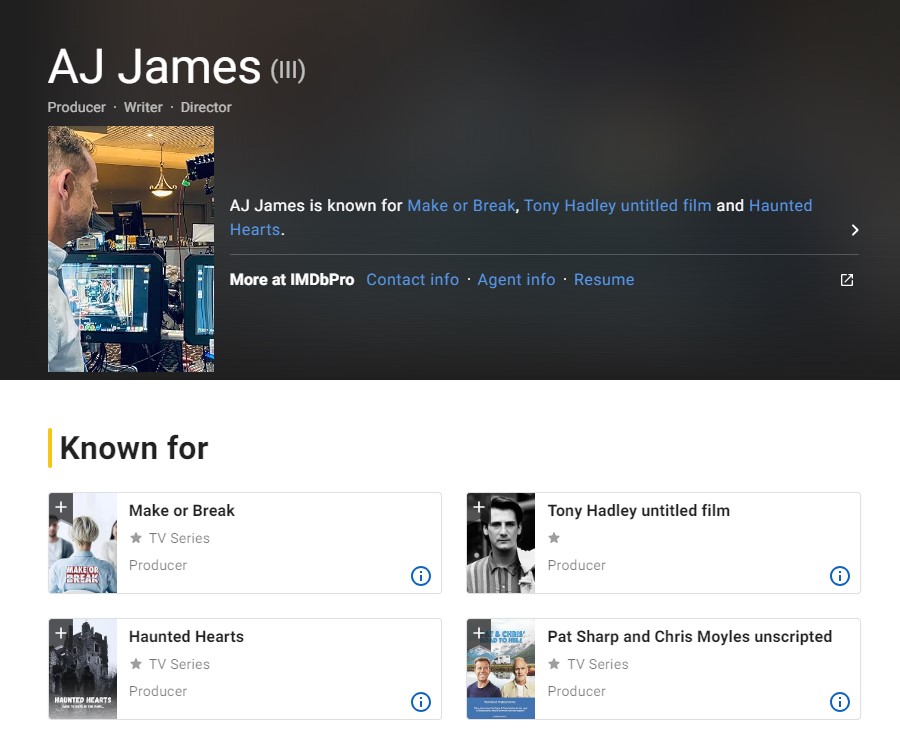 AJ James, aka Alex Breingan, had four projects listed under his name on the IMDb website. They have since been edited.