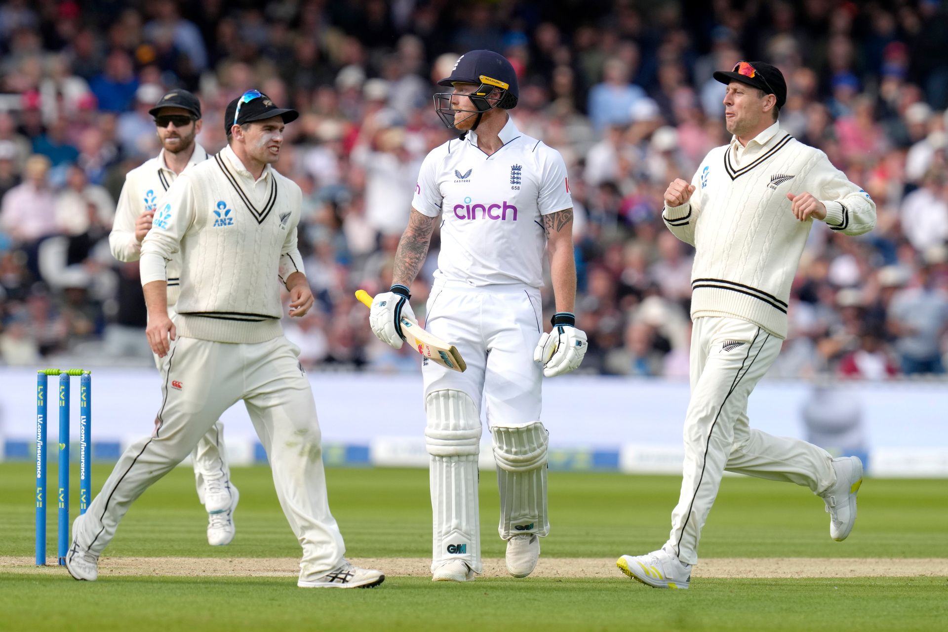 England's Ben Stokes leaves the pitch after he is caught off the bowling of New Zealand's Kyle Jamieson during the third day of the test match between England and New Zealand. Photo / AP