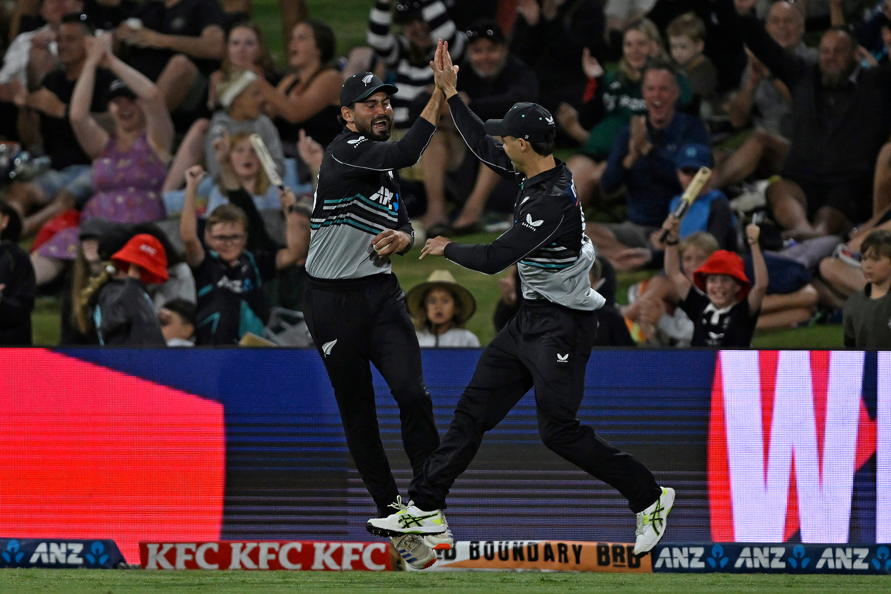 Tim Robinson celebrates his catch with Mark Chapman. Photo / Photosport