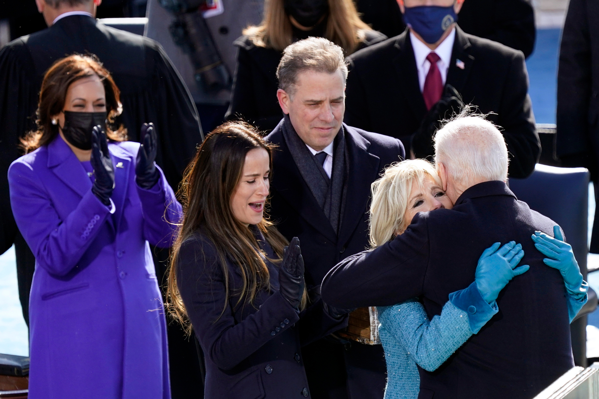 US President Joe Biden hugs first lady Jill Biden, as his son Hunter Biden and daughter Ashley Biden look on after the president was sworn-in during the 59th presidential inauguration. Photo / AP