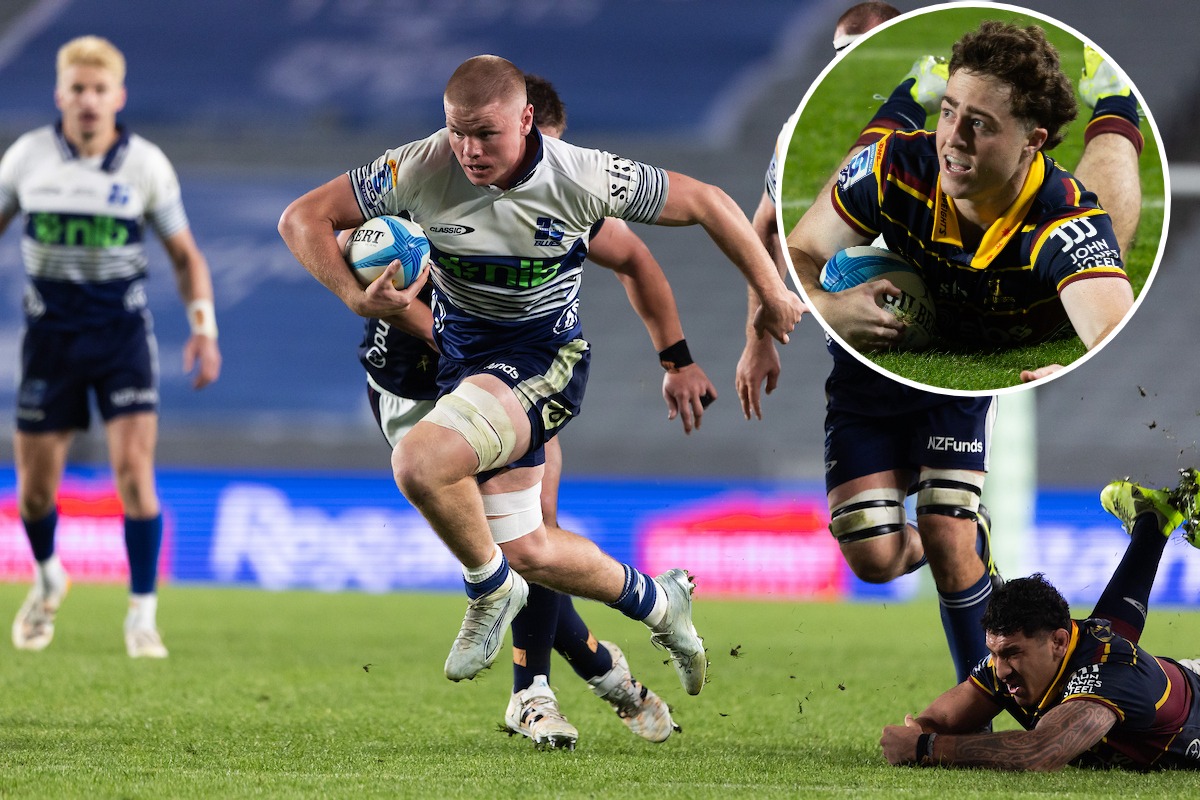 Blues loose forward Anton Segner and Highlanders halfback Adam Lennox impressed in their round 10 clash. Photos / Photosport