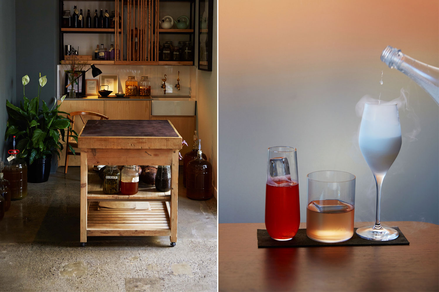 (From left) Fermentation is key to Pasture's menu; signature cocktails the Presidents of America, Rupert Holmes and Strawberry Fields Forever. Photos / Rebecca Zephyr Thomas