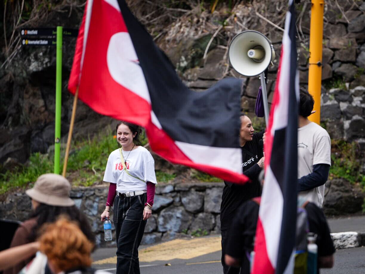 People outside the Act offices in Epsom, Auckland protesting against the introduction of the Treaty Principles Bill in Parliament later today. Photo / Carson Bluck 