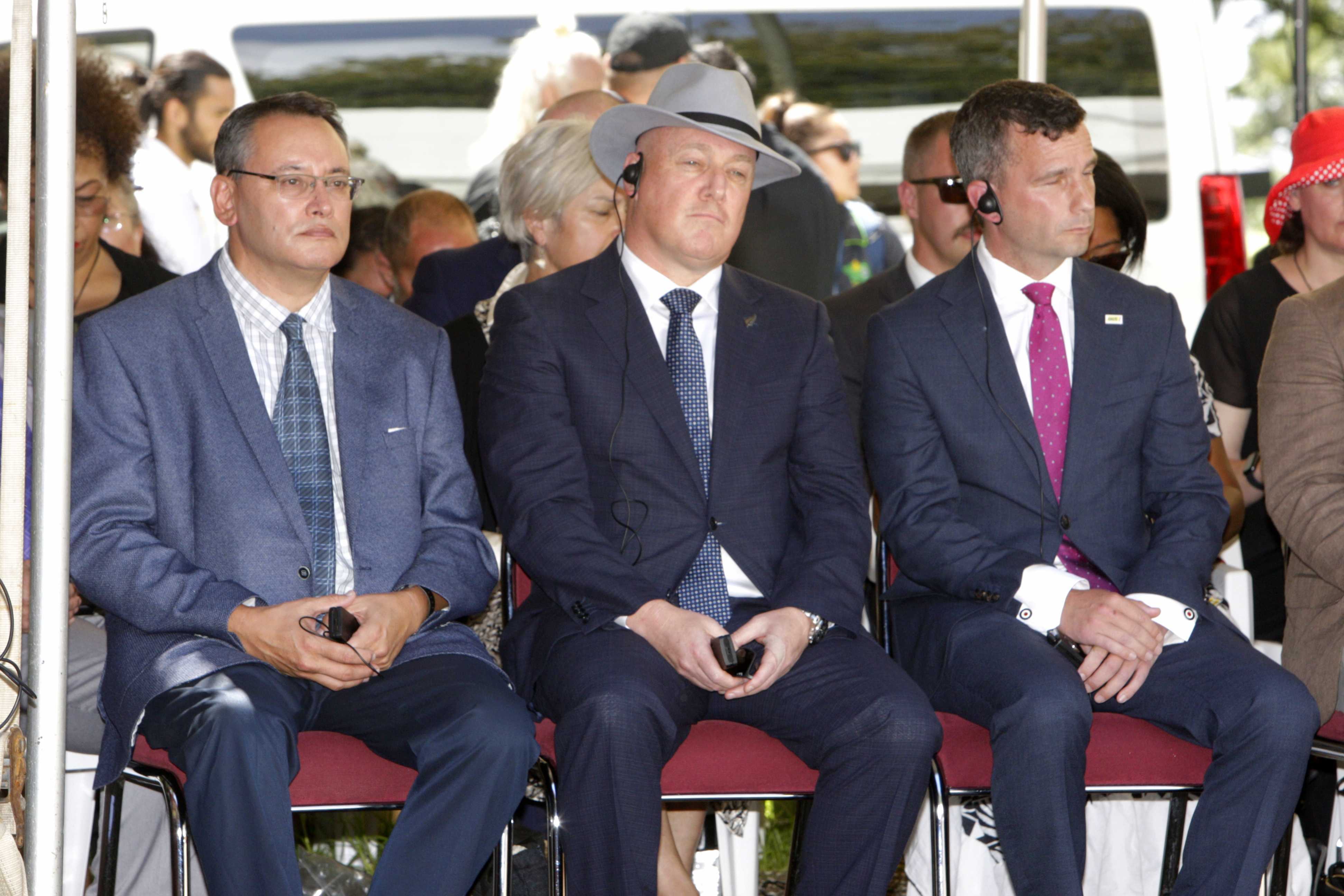 National MP Shane Reti, leader Christopher Luxon and Act Party leader David Seymour at Waitangi today. Photo / Tania Whyte