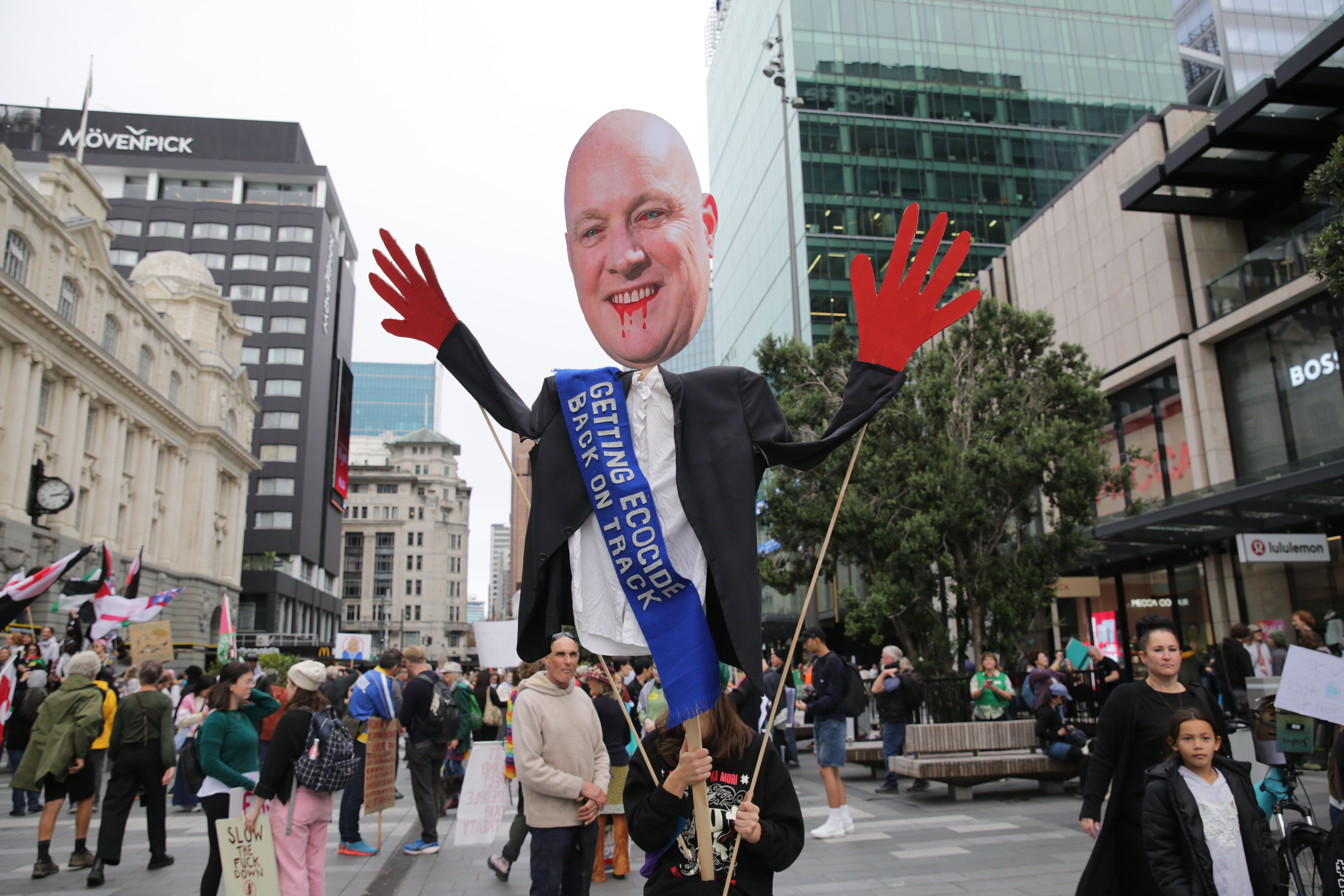 Protesters went to great length with their handmade signs and in one case, an effigy  of the Prime Minister wearing a  sash saying 