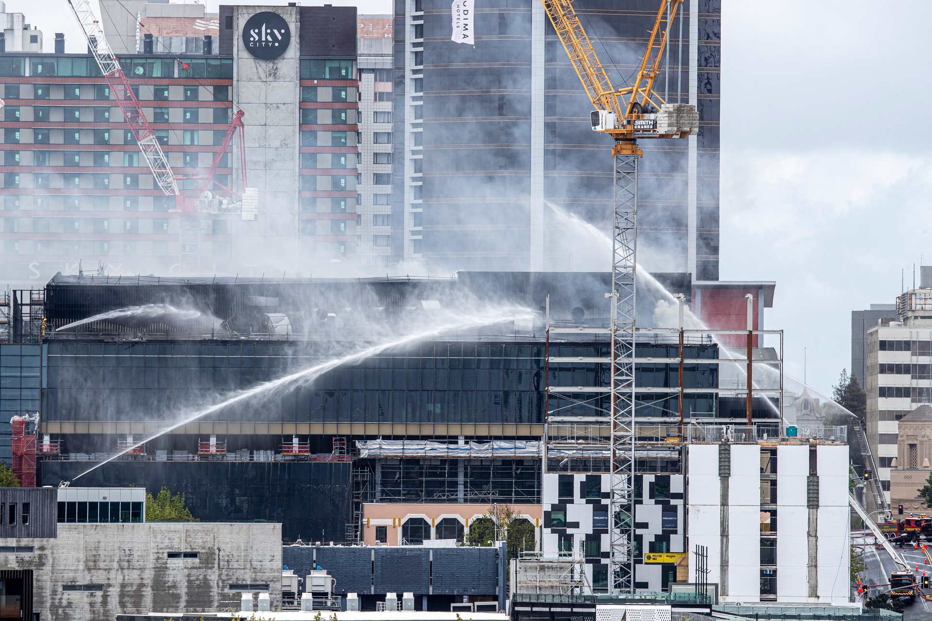 Fire crews battle flames at the NZ International Convention Centre in October 2019. Photo / Michael Craig
