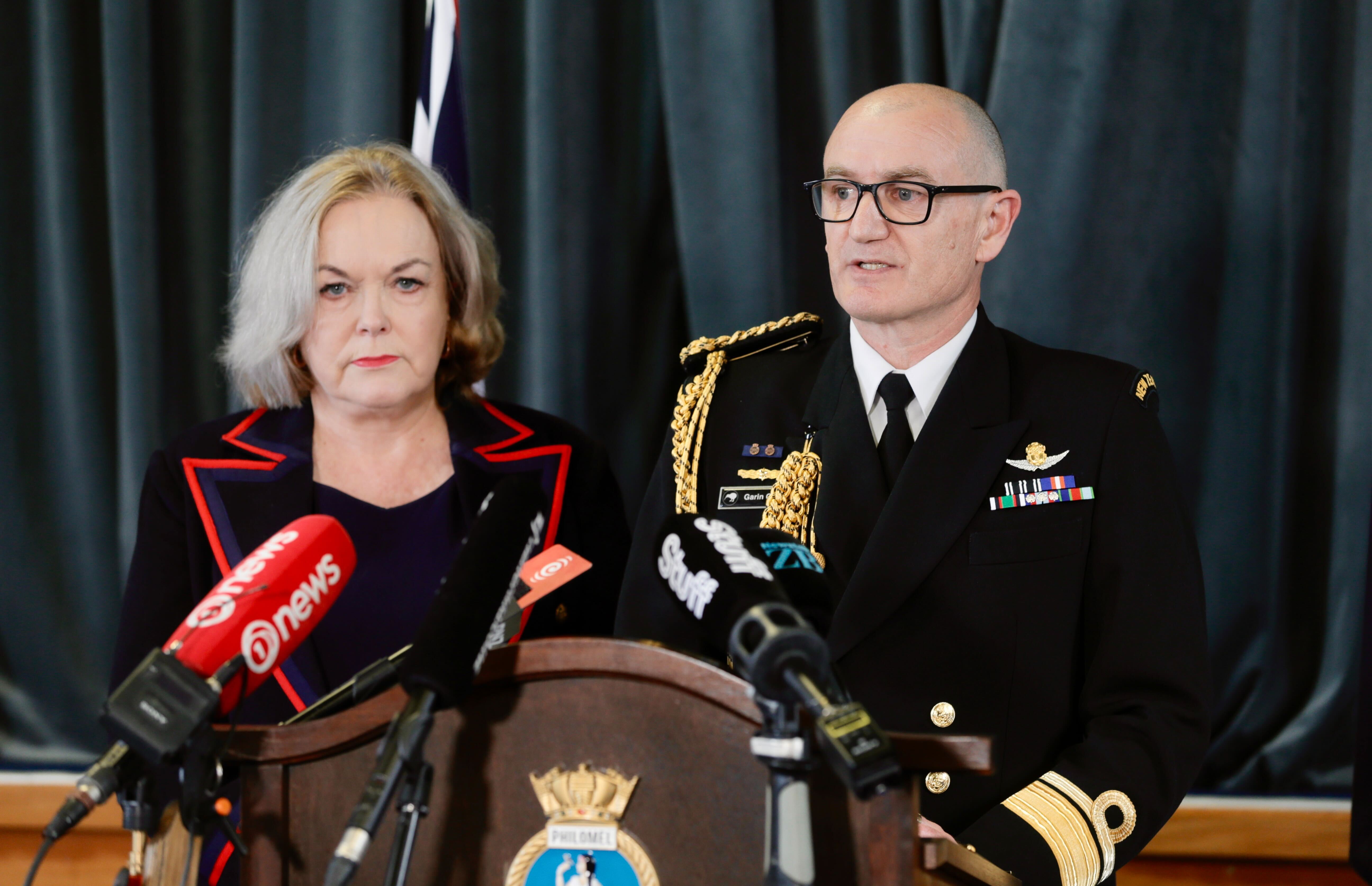 Defence Minister Judith Collins (left) and Chief of Navy Rear Admiral Garin Golding speak at a media conference in Auckland on Sunday on the sinking of HMNZS Manawanui off the coast of southern Samoa. Photo / Alex Burton