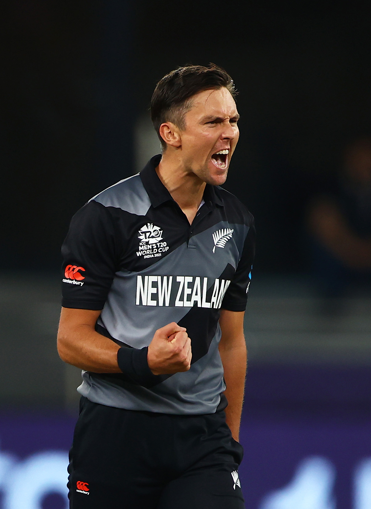 Trent Boult of New Zealand celebrates the wicket of Aaron Finch during the T20 World Cup final. Photo / Getty