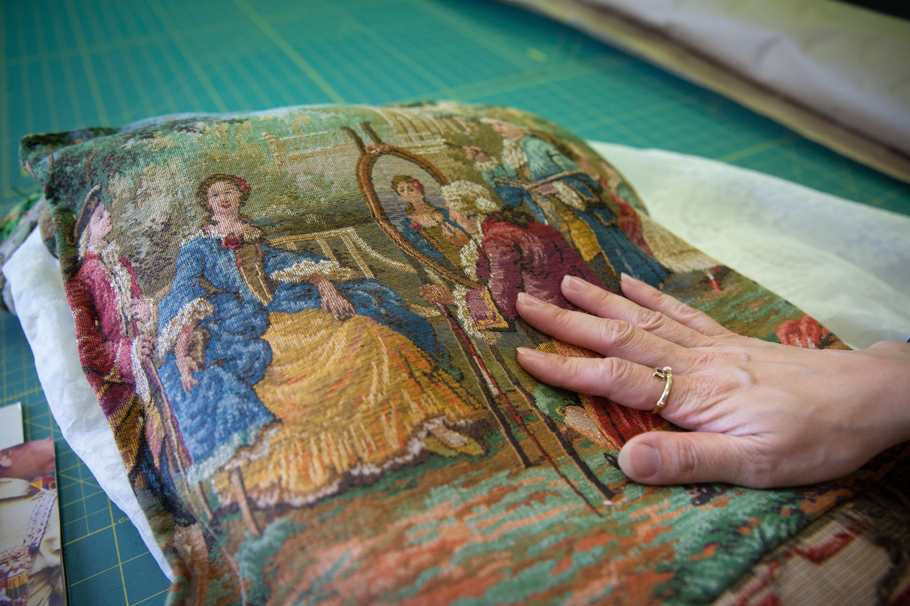 The vintage tapestry of Jacqueline's skirt draws attention to the mindful construction of her garment. Photo / Sylvie Whinray
