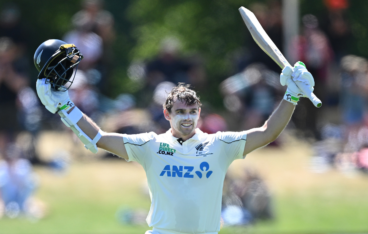 Tom Latham celebrates his 14th test century after reaching three figures against the West Indies in Christchurch. Photo / Photosport