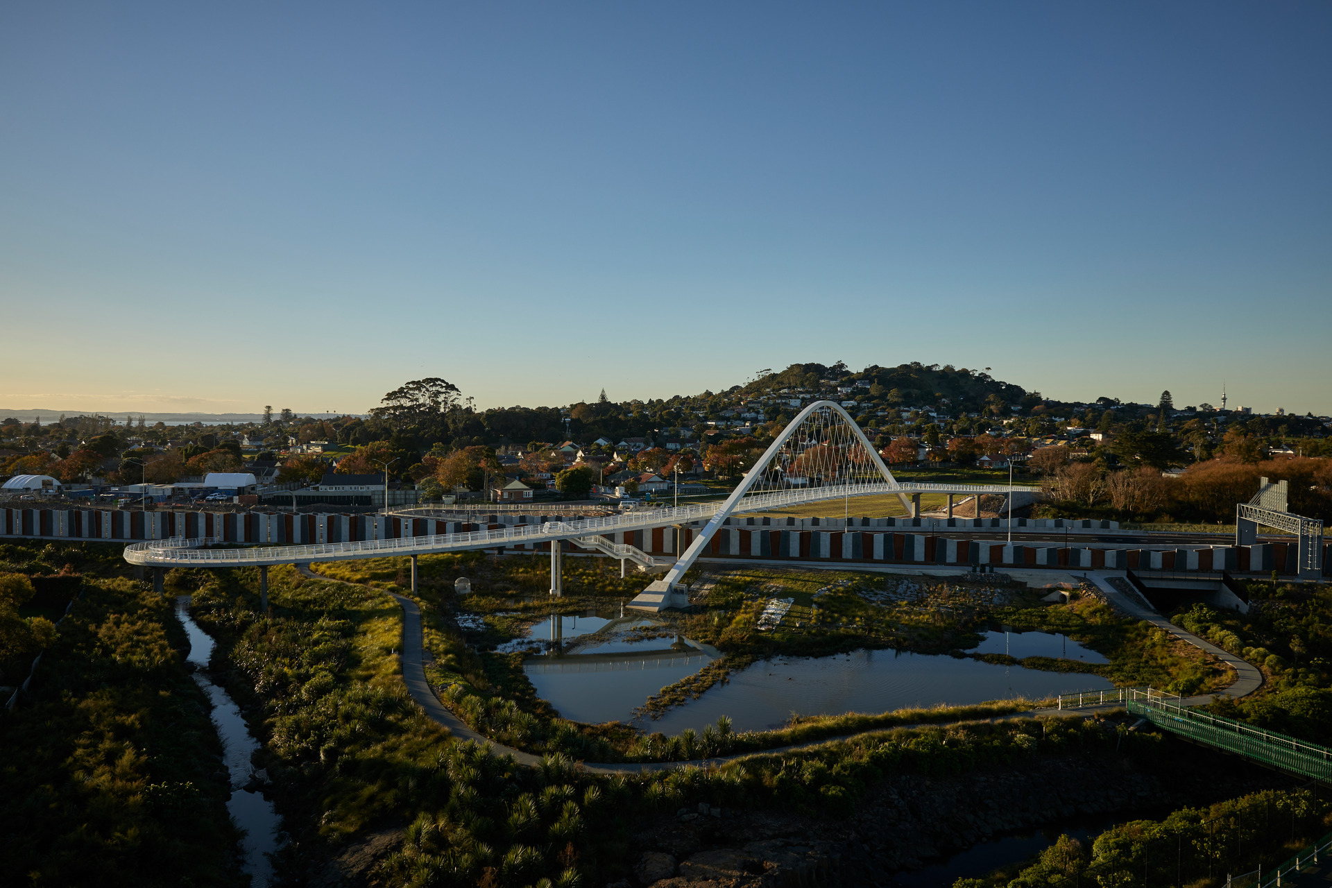 Waterview's Te Whitinga bridge follows a curved line linking Mt Roskill/Puketāpapa with Mt Albert/Ōwairaka.