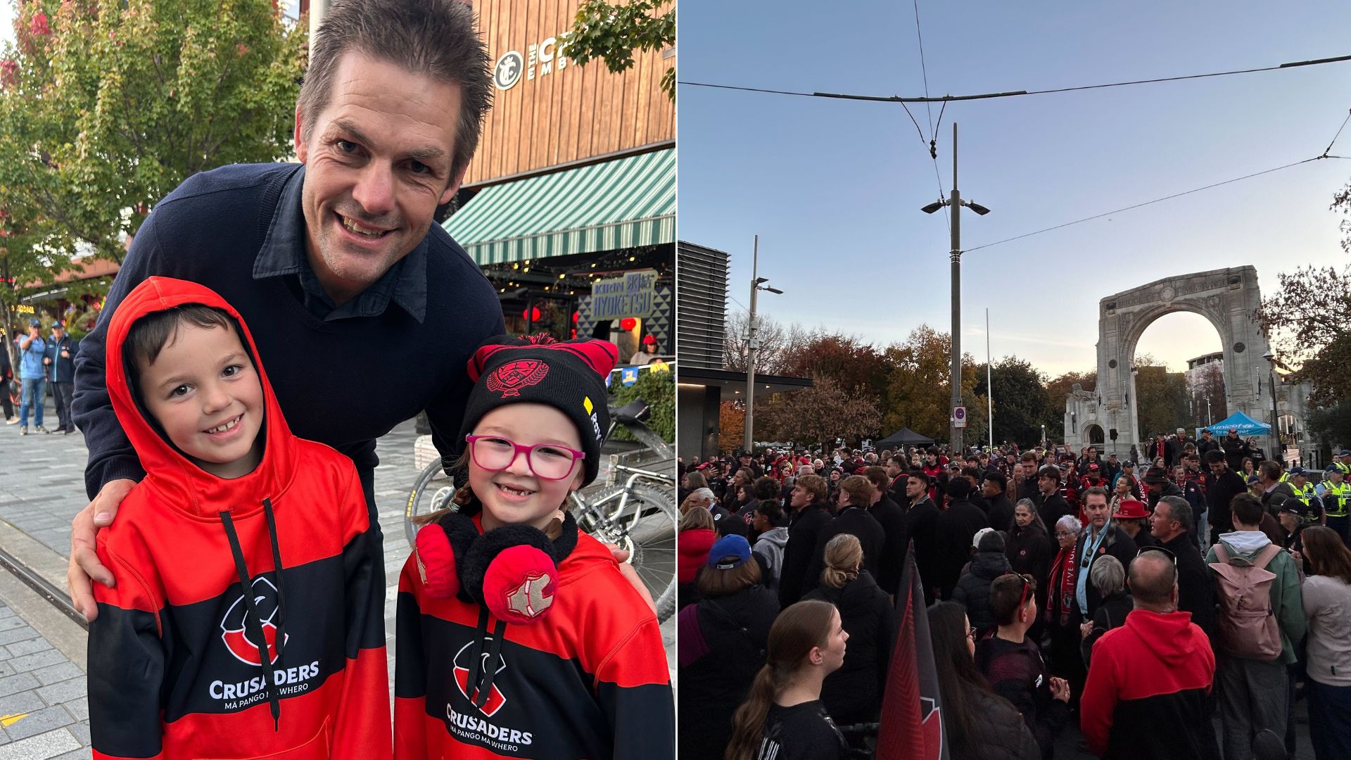 All Blacks legend Richie McCaw with fans as thousands gather before the Christchurch stadium's first major event. Photo / Claire Sherwood