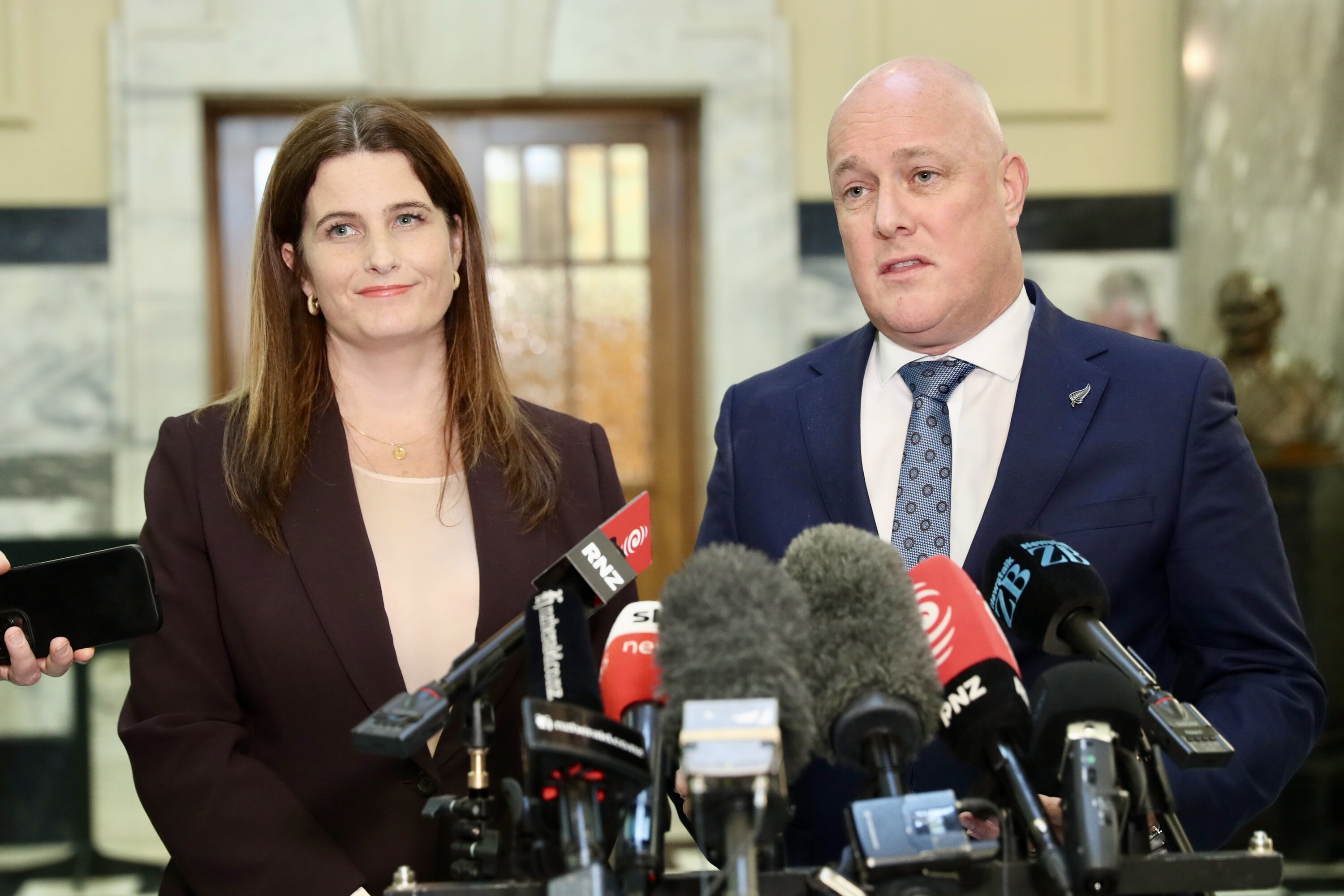Prime Minister Christopher Luxon and FInance Minister Nicola Willis talk to media about the lowering of the official cash rate to 5.25%
New Zealand Herald photograph by Mark MItchell 14 August 2024