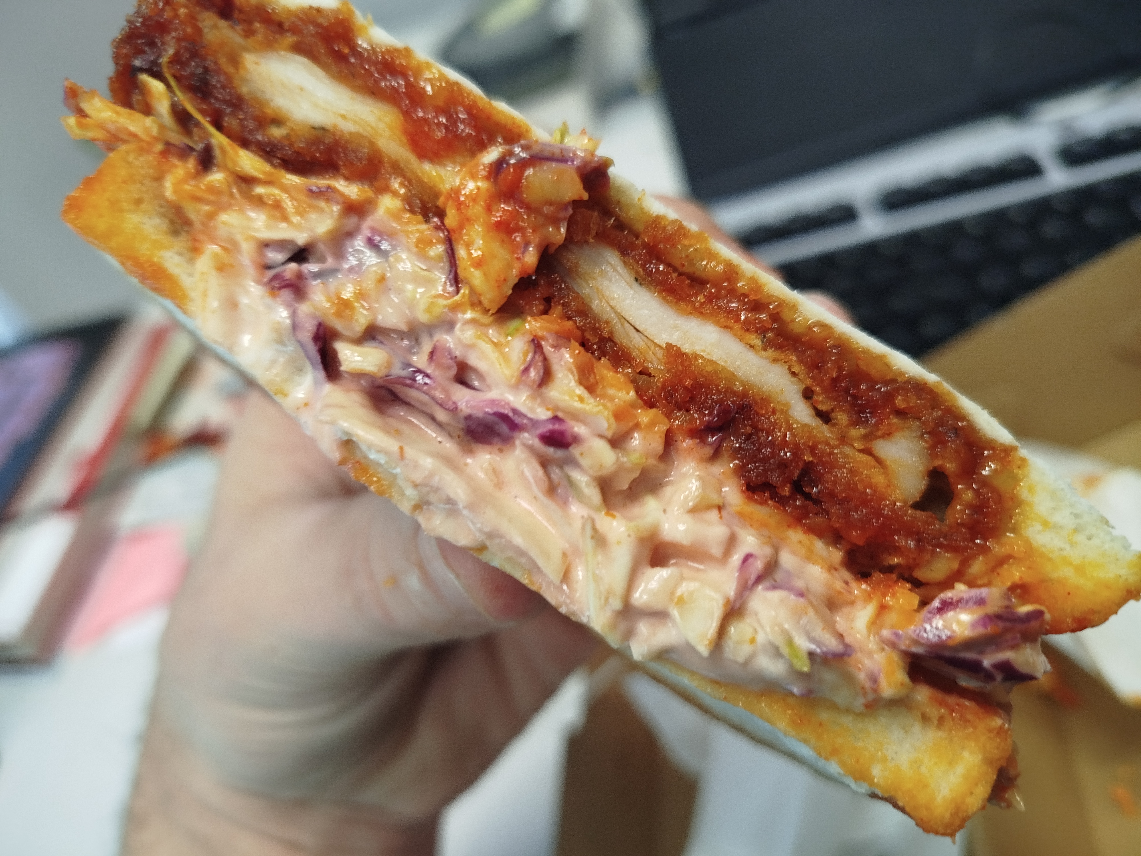 An artful picture of Chur Bae's chicken sando. Photo / Jesse Mulligan