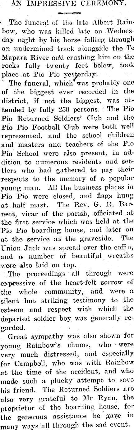 Article about Albert Rainbow's funeral at Piopio in 1922. Photo / King Country Chronicle