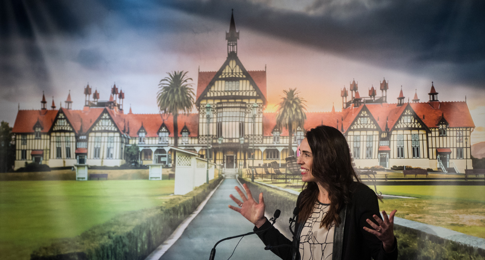 Prime Minister Jacinda Ardern announces funding for the Rotorua Museum restoration. Photo / Stephen Parker