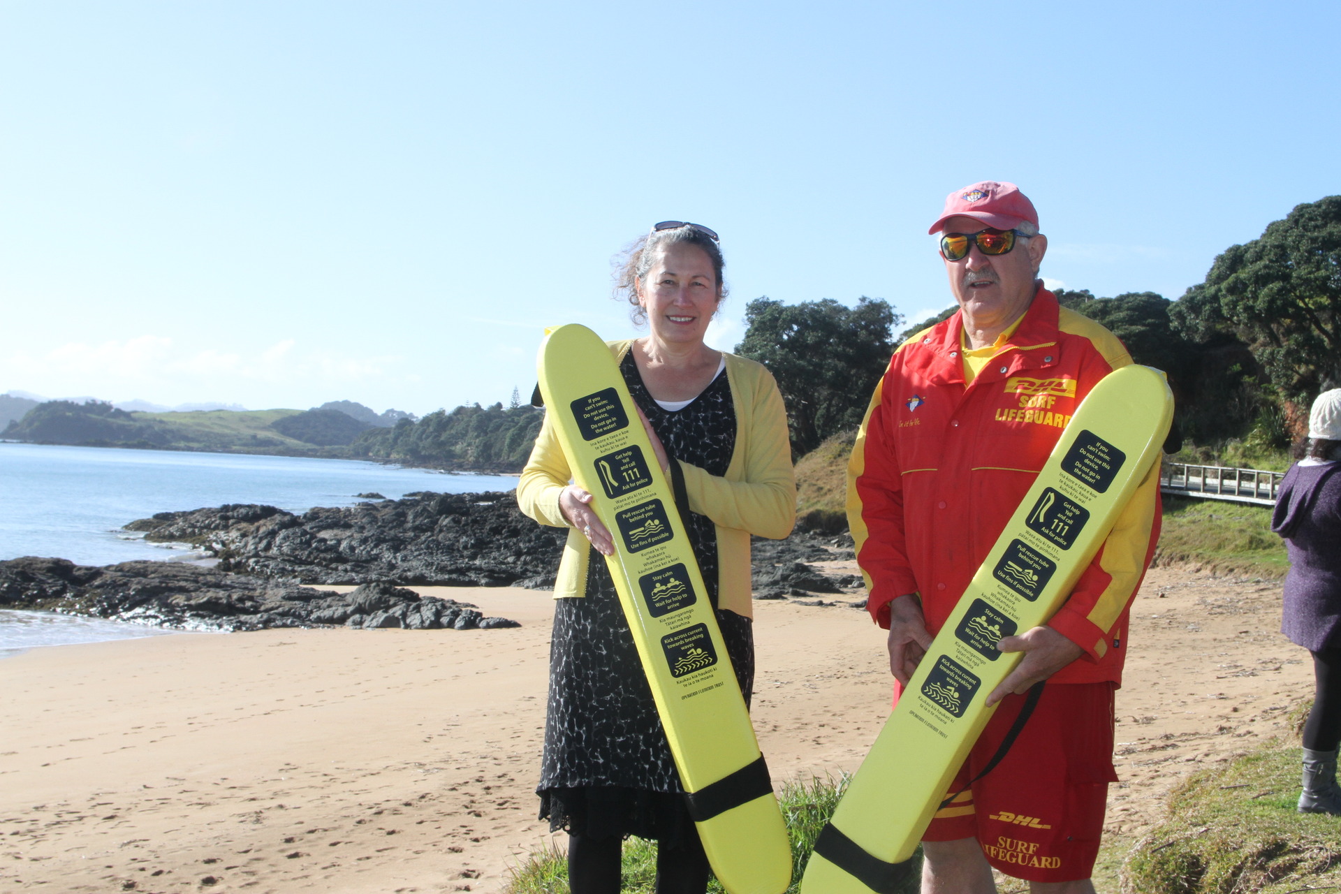 Pat Millar, the driving force behind Operation Flotation, and Far North Surf Rescue chairman Dave Ross with flotation devices installed at Doubtless Bay. Photo / Peter Jackson